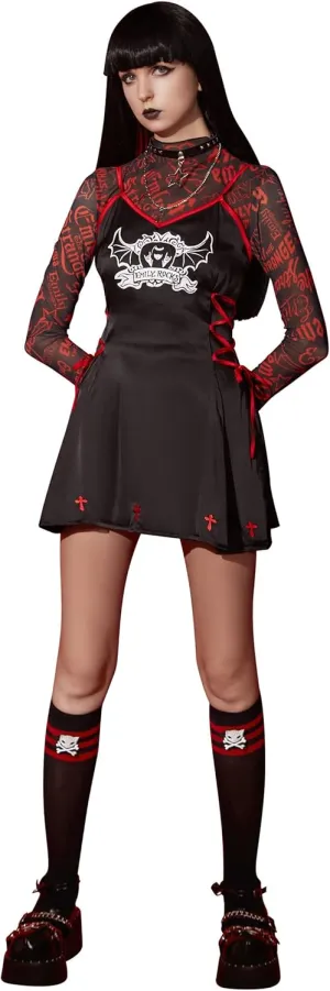 Emily the Strange Girls Lace-Up Dress Set Bat Print Sling Dress Halloween Costume