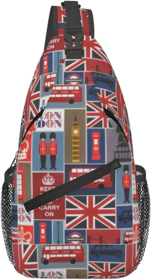 England Symbols Print Crossbody Sling Bag, Lightweight Shoulder Backpack Adjustable Outdoor Travel Cycling Bag