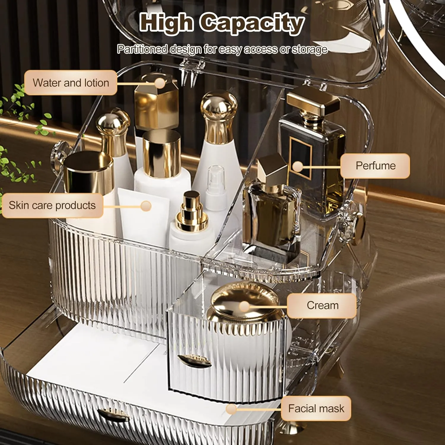 Ergocar Multi-Function Make Up Case Dustproof Cosmetic Storage Box,Cosmetics Skin Care Products Portable Retro Series Case - High Translucent White