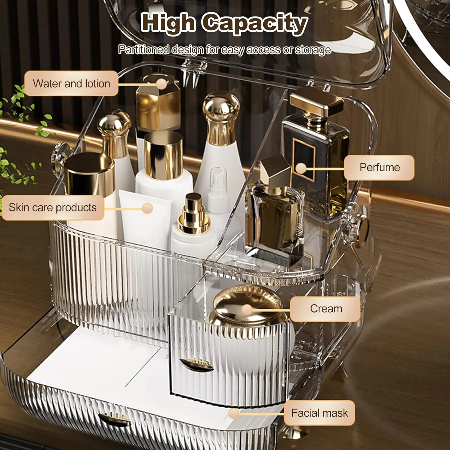 Ergocar Multi-Function Make Up Case Dustproof Cosmetic Storage Box,Cosmetics Skin Care Products Portable Retro Series Case - High Translucent White