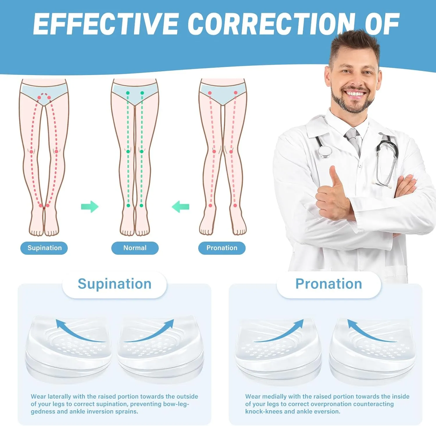 ERGOfoot 2 Packs Supination Correction Insoles, 3 Layers Adjustable Heel Wedge Inserts for Foot Alignment, Knee Pain, Bow Legs, Osteoarthritis (L: W 8-12 | M 7.5-14)