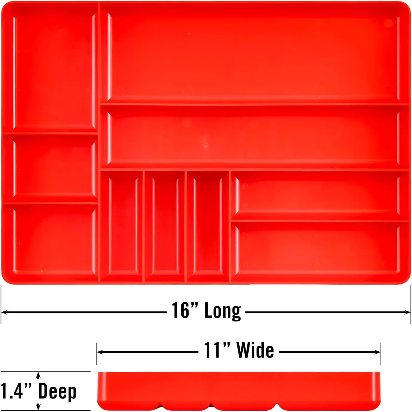 Ernst Manufacturing 10 Compartment Drawer Organizer: Heavy Duty Stackable Tray for Automotive Garage Tool Organization - Low-Profile Toolbox Storage - Nuts and Bolts, Tools, Parts, Easy to Clean - Red