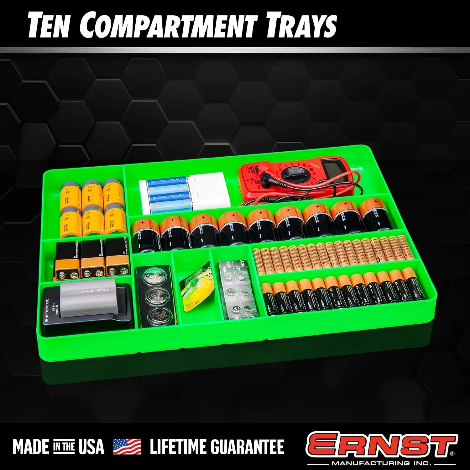 Ernst Manufacturing 10 Compartment Drawer Organizer: Heavy Duty Stackable Tray for Automotive Garage Tool Organization - Low-Profile Toolbox Storage - Nuts and Bolts, Tools, Parts, Easy to Clean - Red