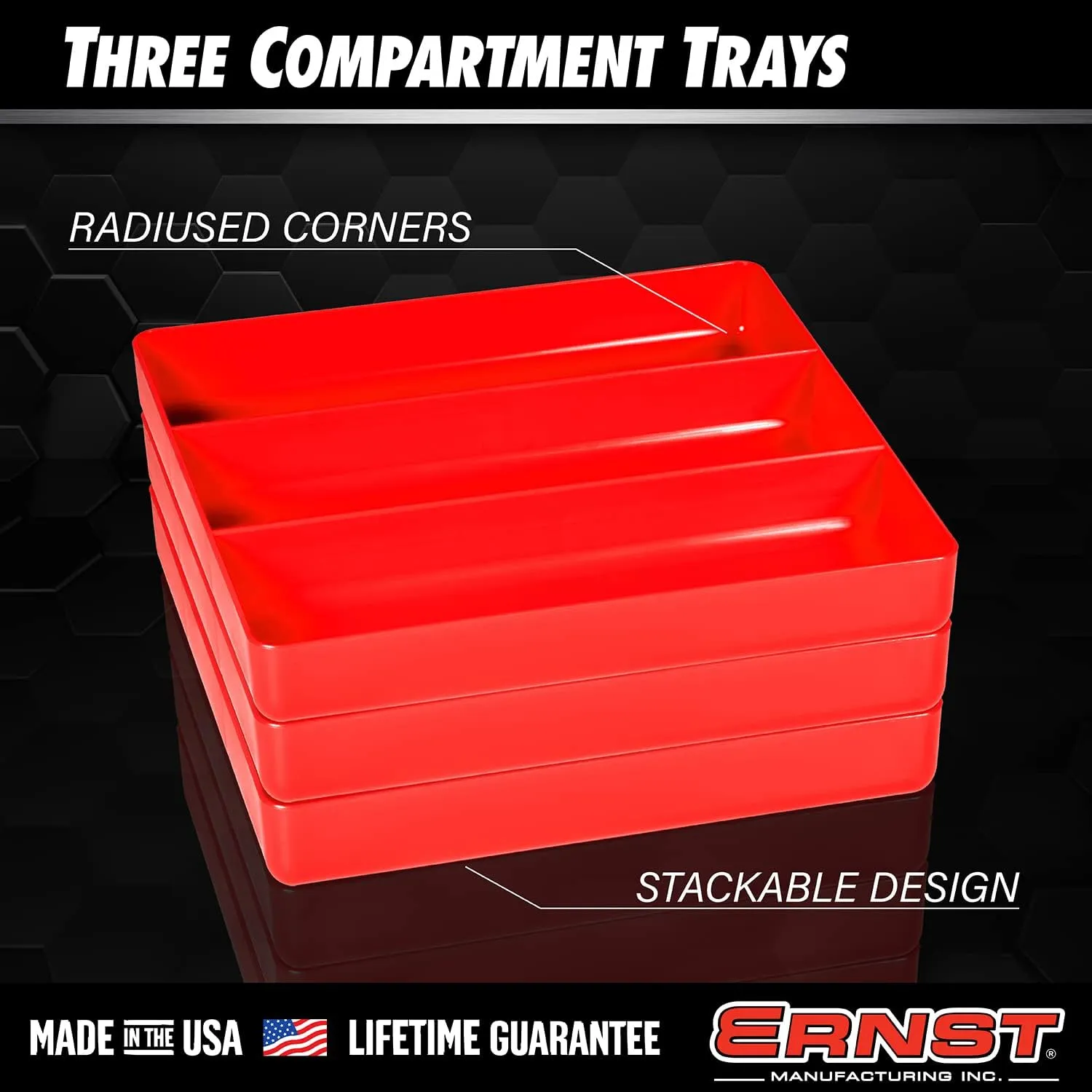 Ernst Manufacturing Toolbox Tray: Stackable Organizer Tray with 3 Compartments - Ideal for Trades, Mechanics, Electricians, Plumbers, Household Use, Hobbies - Heavy Duty - Made in the USA