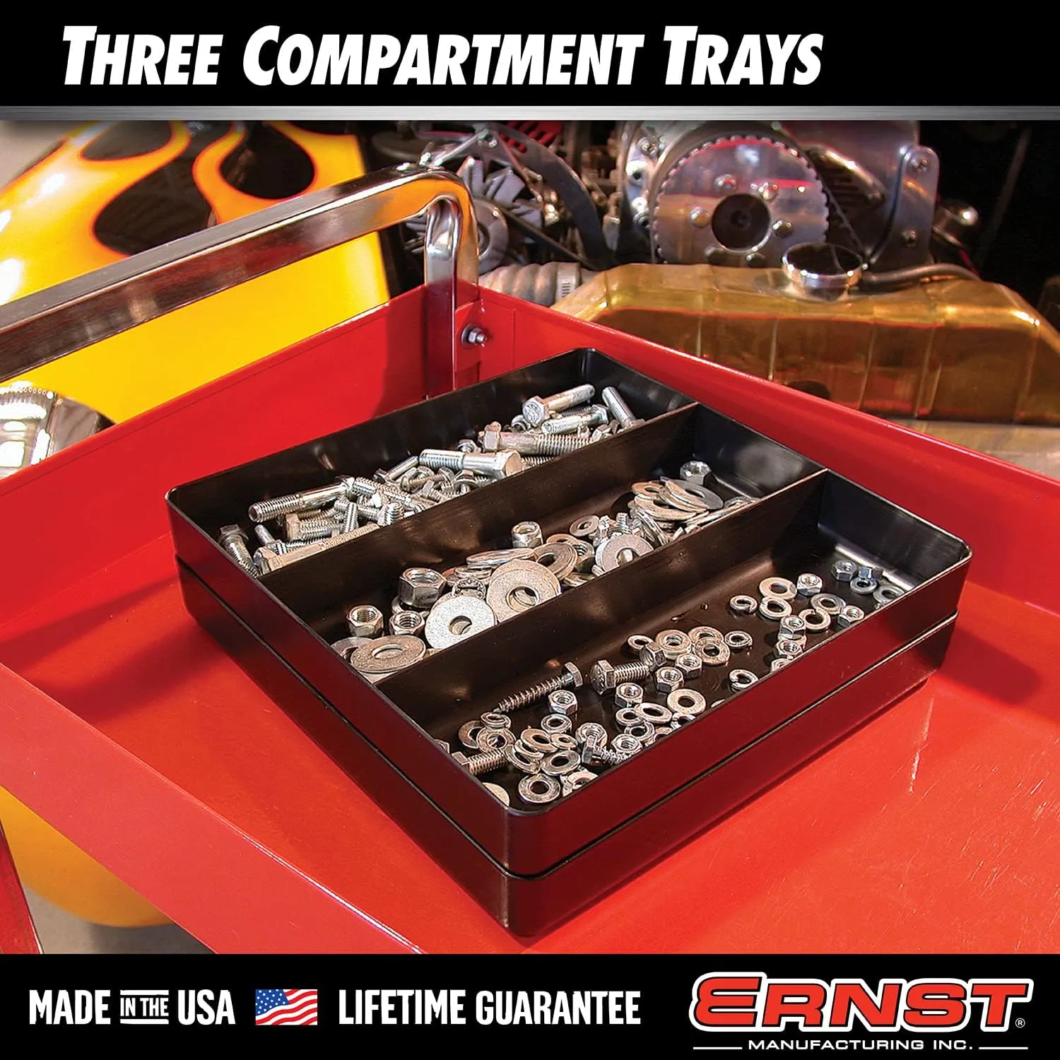 Ernst Manufacturing Toolbox Tray: Stackable Organizer Tray with 3 Compartments - Ideal for Trades, Mechanics, Electricians, Plumbers, Household Use, Hobbies - Heavy Duty - Made in the USA