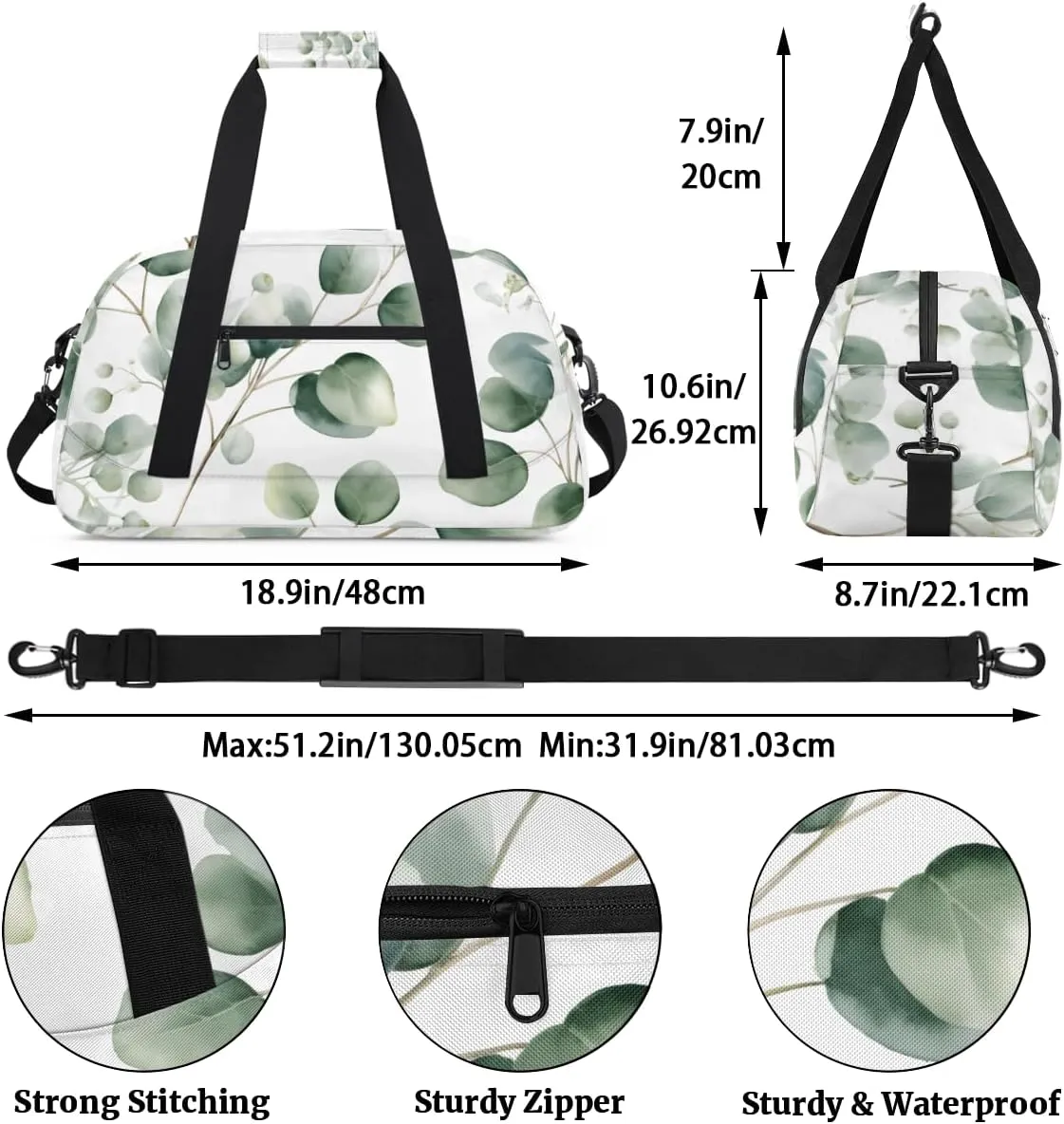 Eucalyptus Leaves Boys Girls Gym Bag Dance Perform Training Duffel Bags Weekender Carry-On Tote Luggage Bag Ideal for School Practice or Overnight Trips
