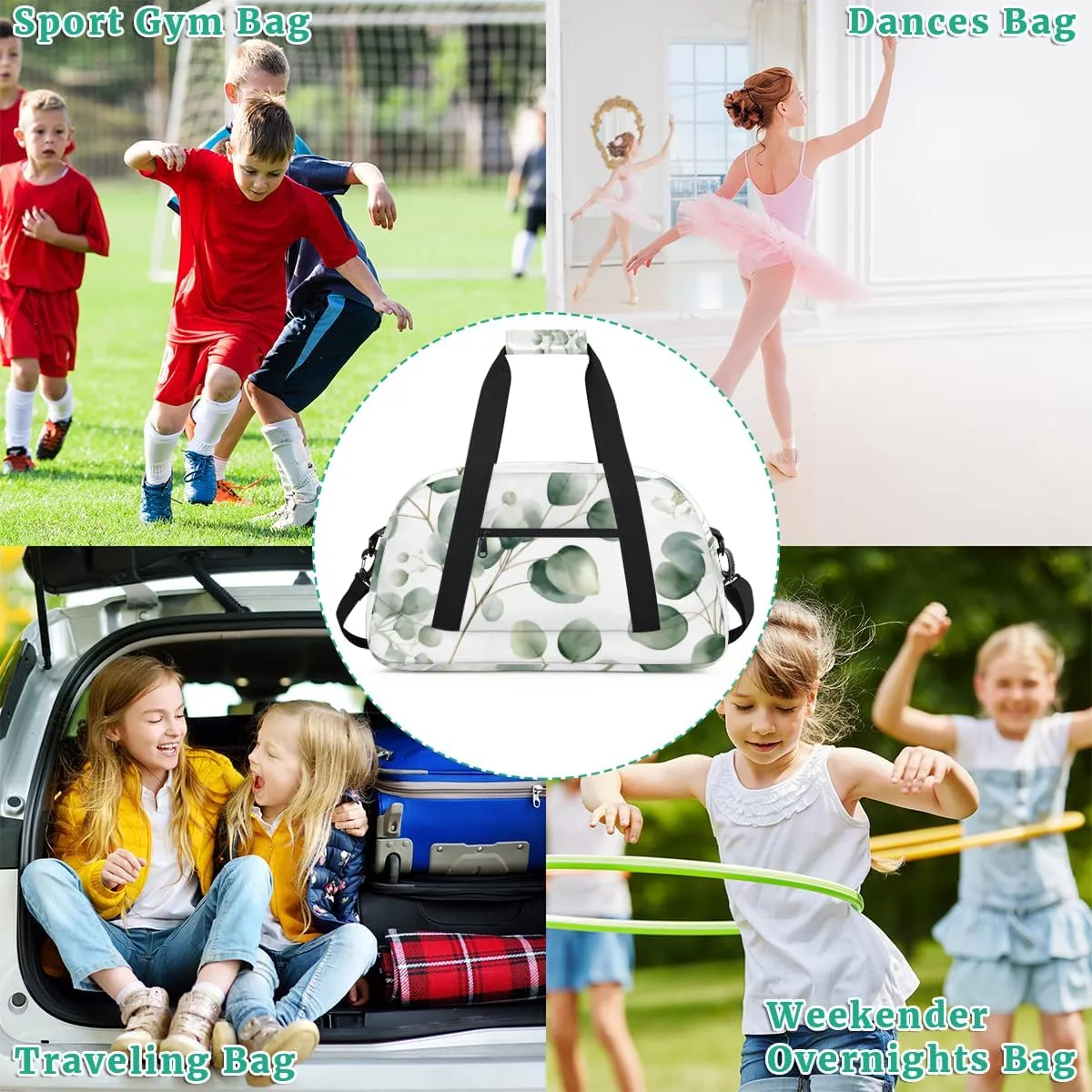 Eucalyptus Leaves Boys Girls Gym Bag Dance Perform Training Duffel Bags Weekender Carry-On Tote Luggage Bag Ideal for School Practice or Overnight Trips