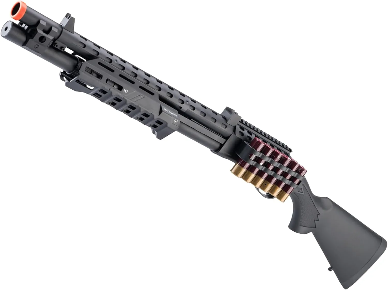 Evike Airsoft - EMG Strike Industries Licensed M870 Gas Powered Pump Action Airsoft Shotgun w/MLOK H-Guard by Golden Eagle (Color: Black)