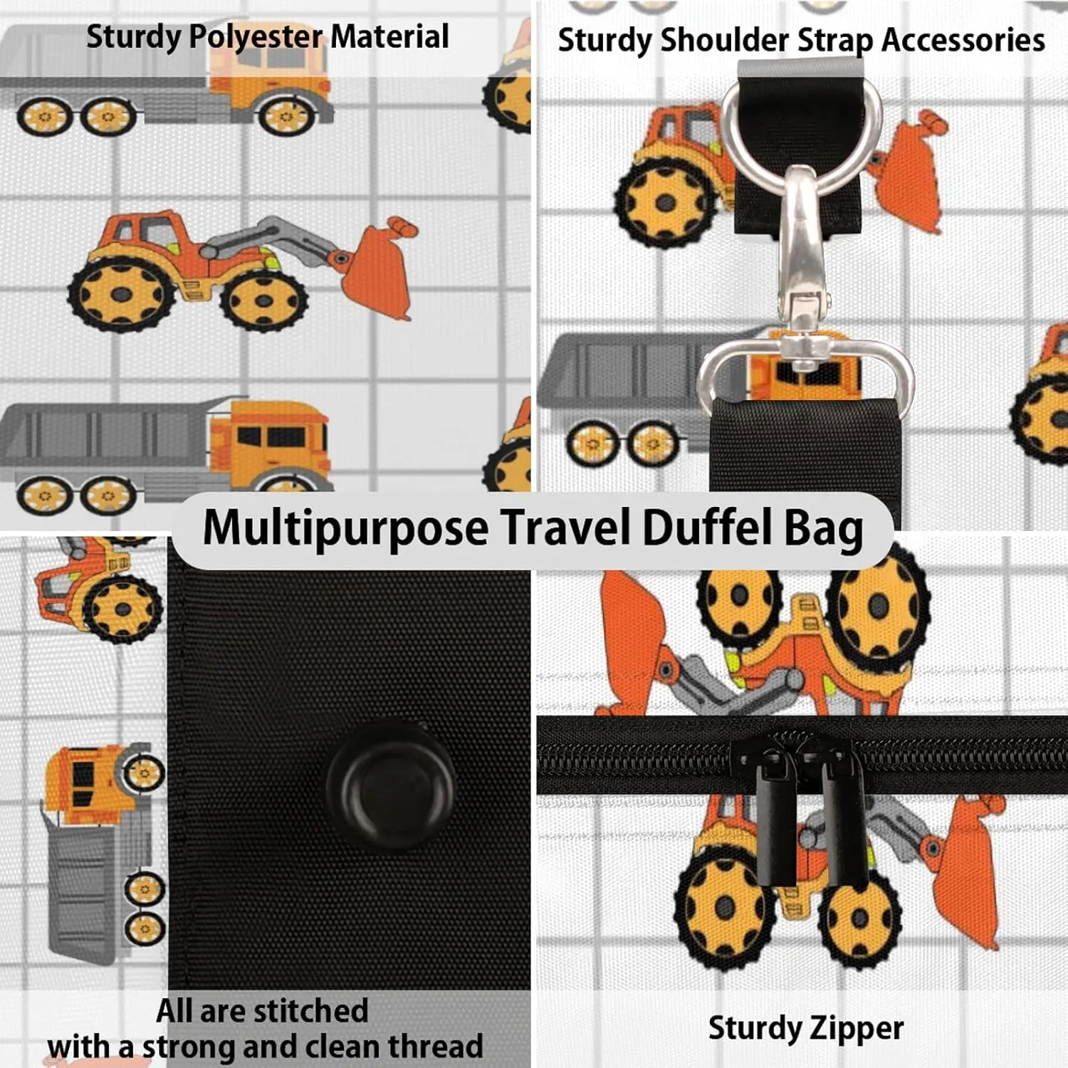 Excavator Tractor Machinery Trucks Travel Duffle Bag for Women Men, Carry On Overnight Bag, Weekend Travel Duffel Tote Bags for Trips Sport Hospital
