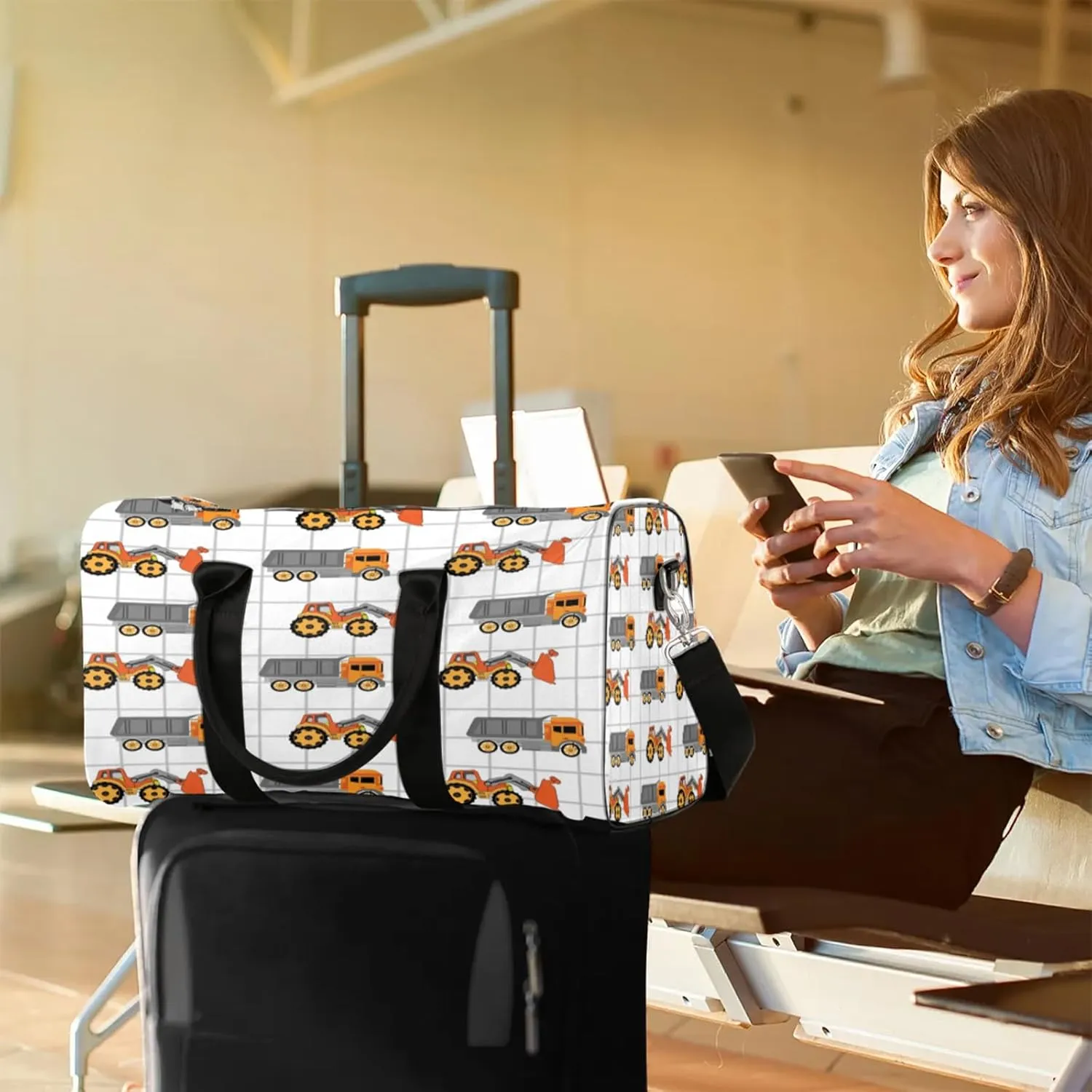 Excavator Tractor Machinery Trucks Travel Duffle Bag for Women Men, Carry On Overnight Bag, Weekend Travel Duffel Tote Bags for Trips Sport Hospital