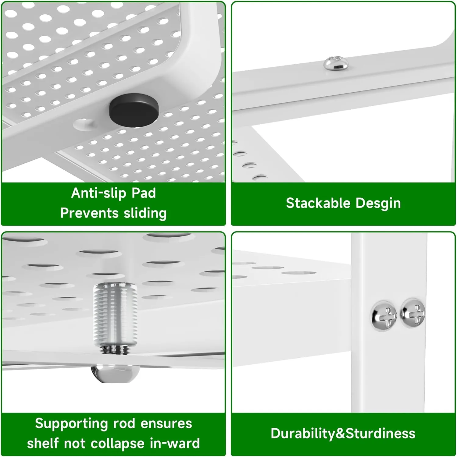 Expandable Kitchen Cabinet Shelf Organizer Rack Heavy Duty Metal Spice Rack Stackable Kitchen Counter Storage Shelf for Cabinet Pantry Bathroom (White- 16.5"-27" L x 8" W x 9.6" H - 1Pack)