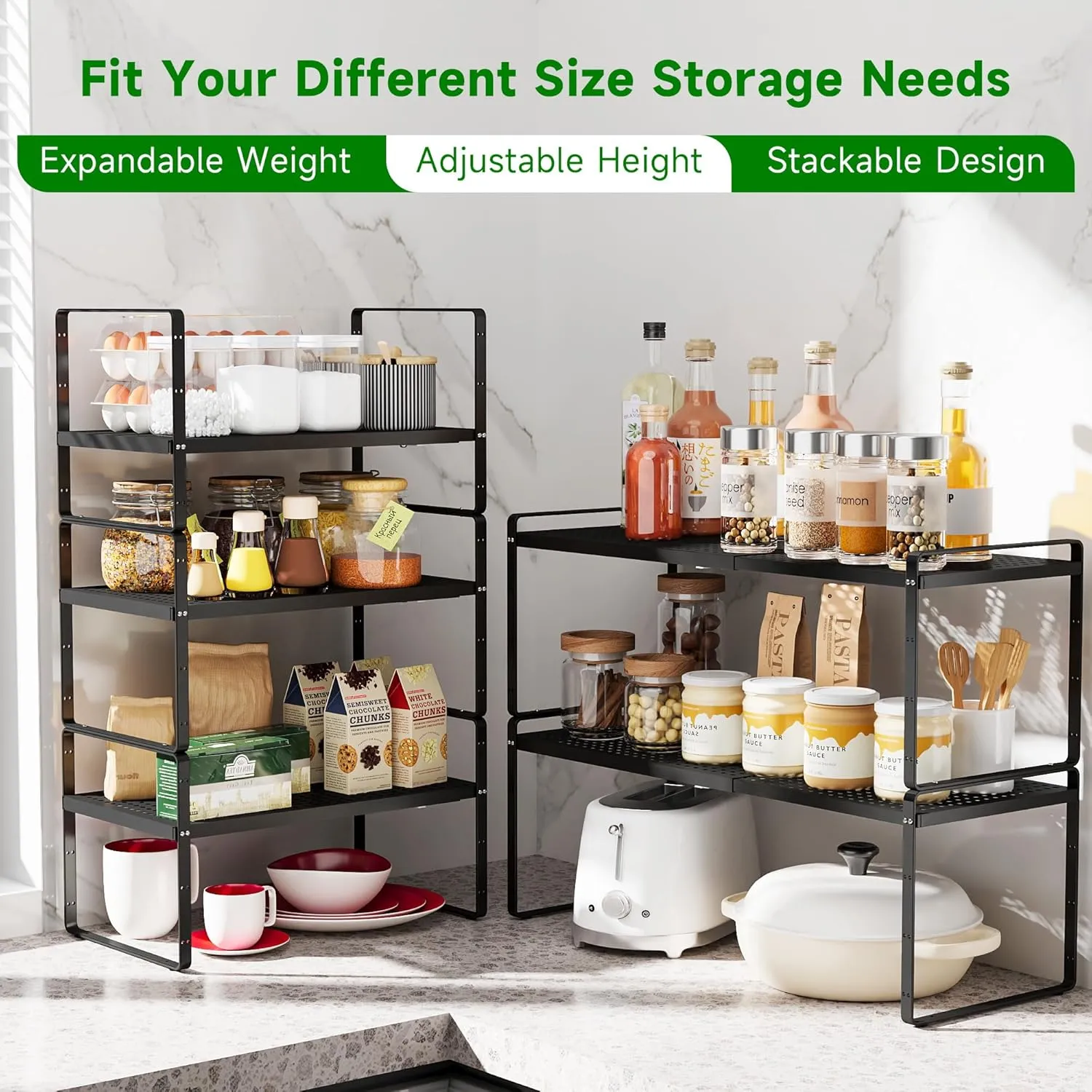 Expandable Kitchen Cabinet Shelf Organizer Rack Heavy Duty Metal Spice Rack Stackable Kitchen Counter Storage Shelf for Kitchen Cabinet Pantry Bathroom (Black - 16.5"-27" L x 10.2" W x 9.6" H - 2Pack)