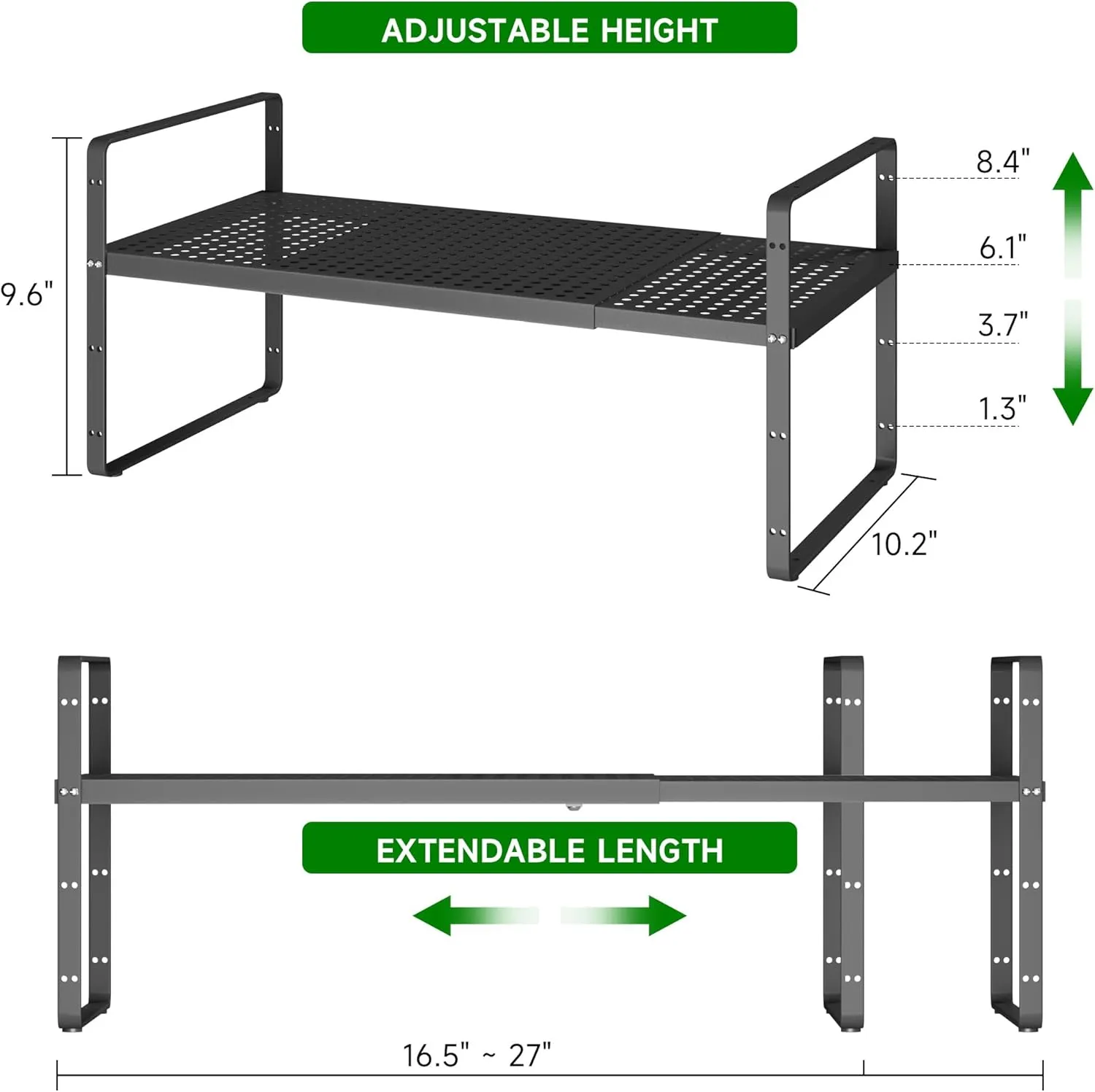 Expandable Kitchen Cabinet Shelf Organizer Rack Heavy Duty Metal Spice Rack Stackable Kitchen Counter Storage Shelf for Kitchen Cabinet Pantry Bathroom (Black - 16.5"-27" L x 10.2" W x 9.6" H - 2Pack)