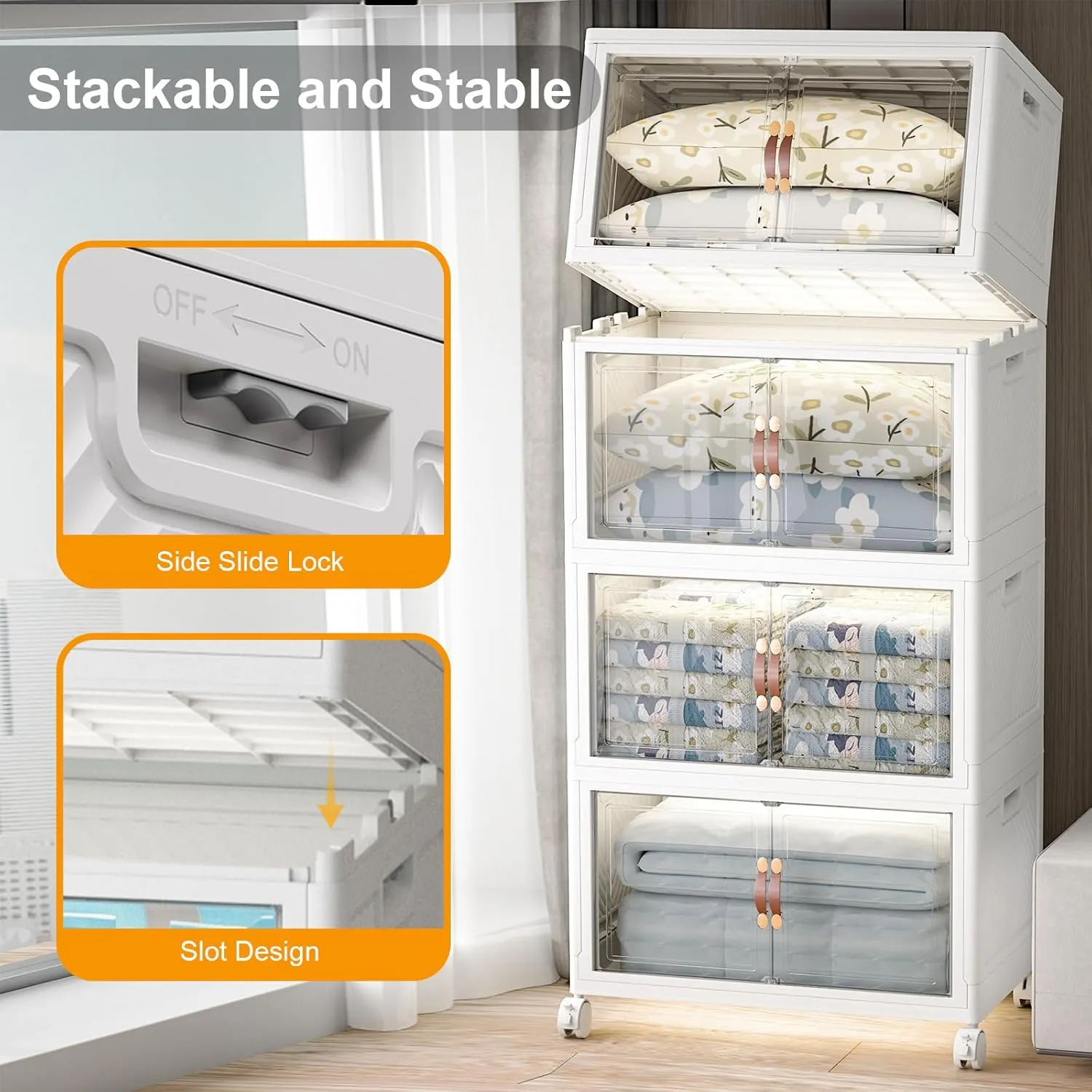Extra Large Stackable Storage Bins with Lids and Wheels, 160QT/40GAL Stackable Storage drawers, 4Pack Collapsible Storage Bins with Lids, Closet Organizers and Storage Drawers for Home, Dorm