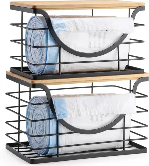 Extra Large Trash Bag Holder Under Sink 2 Pack Stackable Kitchen Storage with Bamboo Lid, Garbage Bag Dispenser Roll Holder, Pantry Organizers Wall Mounted Laundry Room Organization Storage