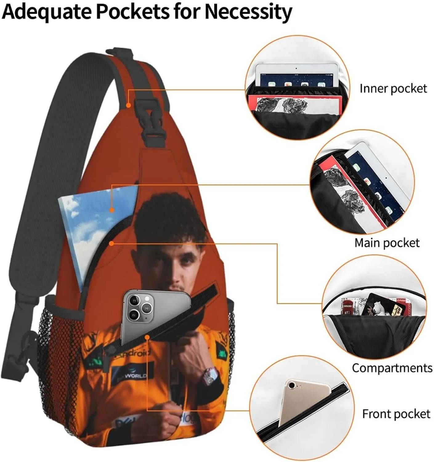 F1 Lando Norris Crossbody Sling Backpack Sling Bag Multipurpose Travel Hiking Chest Bag Daypack