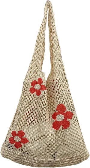 Fairycore Crochet Tote Bag Y2K Grunge Knitted Shoulder Bag Aesthetic Flower Hollow Out Purse Cottagecore Accessories