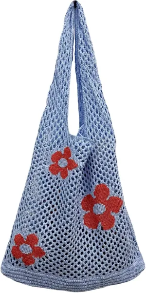 Fairycore Crochet Tote Bag Y2K Grunge Knitted Shoulder Bag Aesthetic Flower Hollow Out Purse Cottagecore Accessories