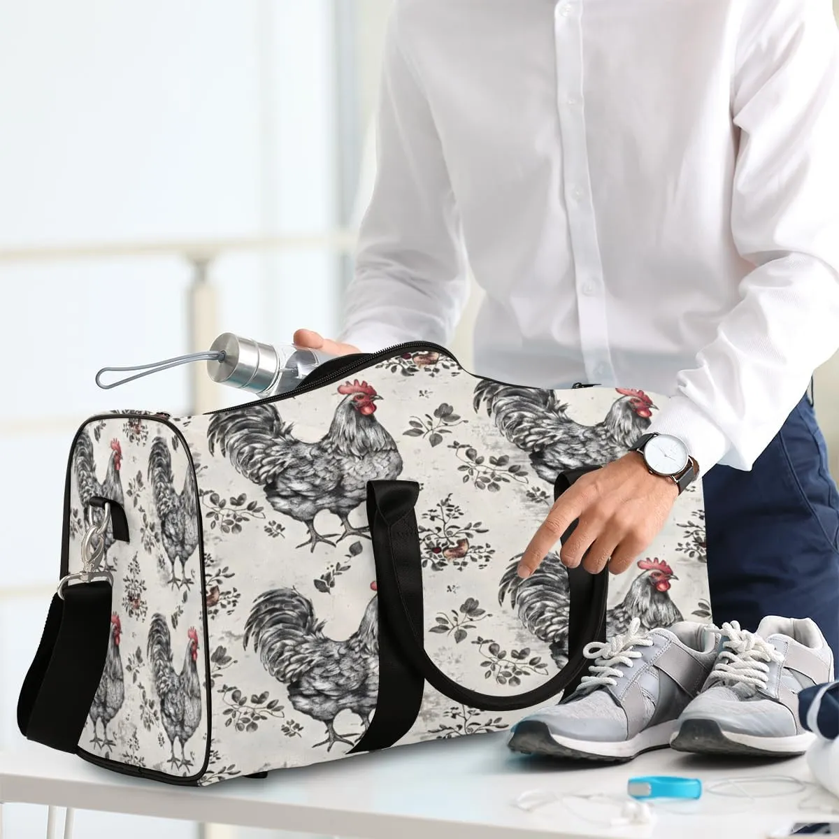 Farmhouse Chicken Hen Travel Duffle Bag, Sports Gym Bags for Women Men, Carry On Weekender Overnight Workout Airplane Trips Bag