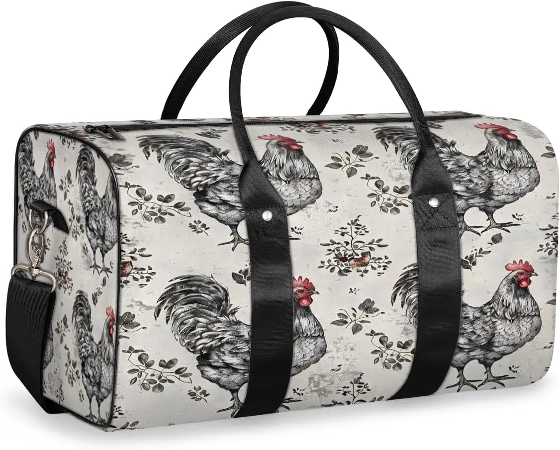 Farmhouse Chicken Hen Travel Duffle Bag, Sports Gym Bags for Women Men, Carry On Weekender Overnight Workout Airplane Trips Bag