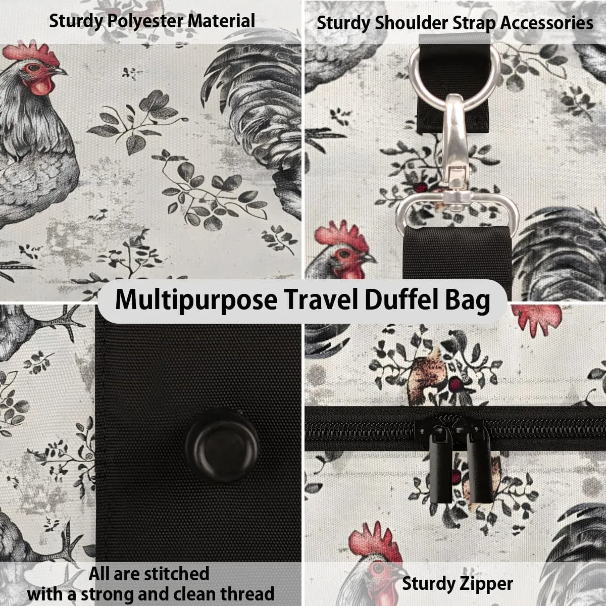 Farmhouse Chicken Hen Travel Duffle Bag, Sports Gym Bags for Women Men, Carry On Weekender Overnight Workout Airplane Trips Bag