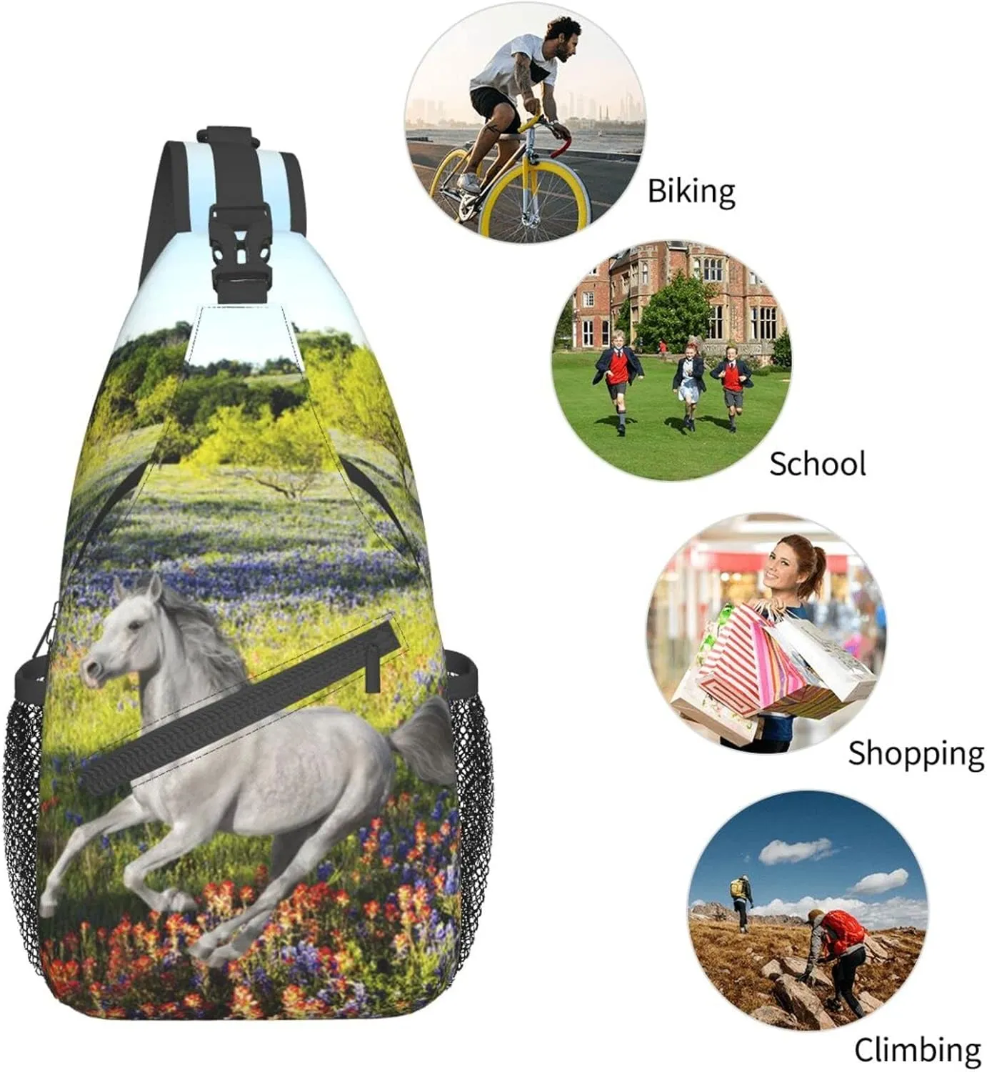 Fashion Horse Sling Bag Multipurpose Crossbody Backpack Adjustable Travel Hiking Casual Daypack For Men Women