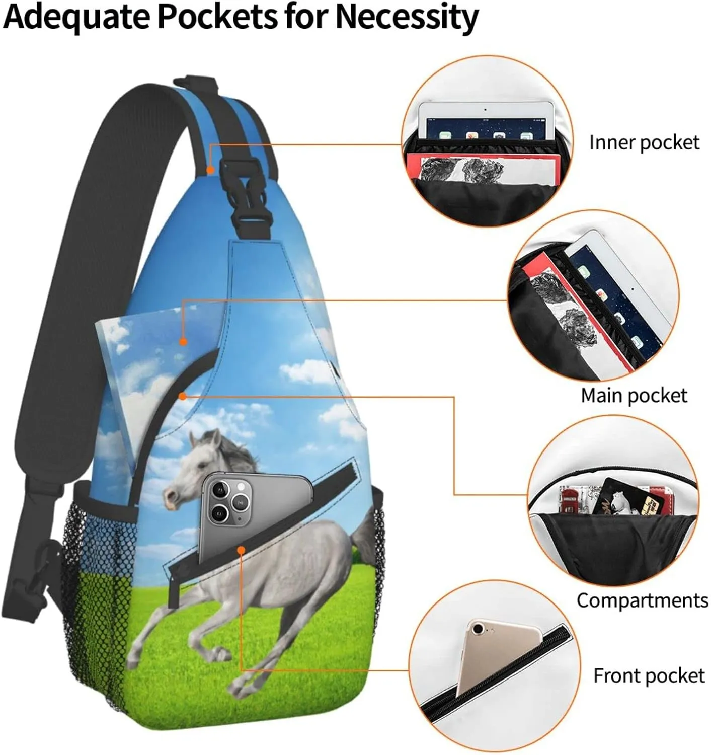 Fashion Horse Sling Bag Multipurpose Crossbody Backpack Adjustable Travel Hiking Casual Daypack For Men Women