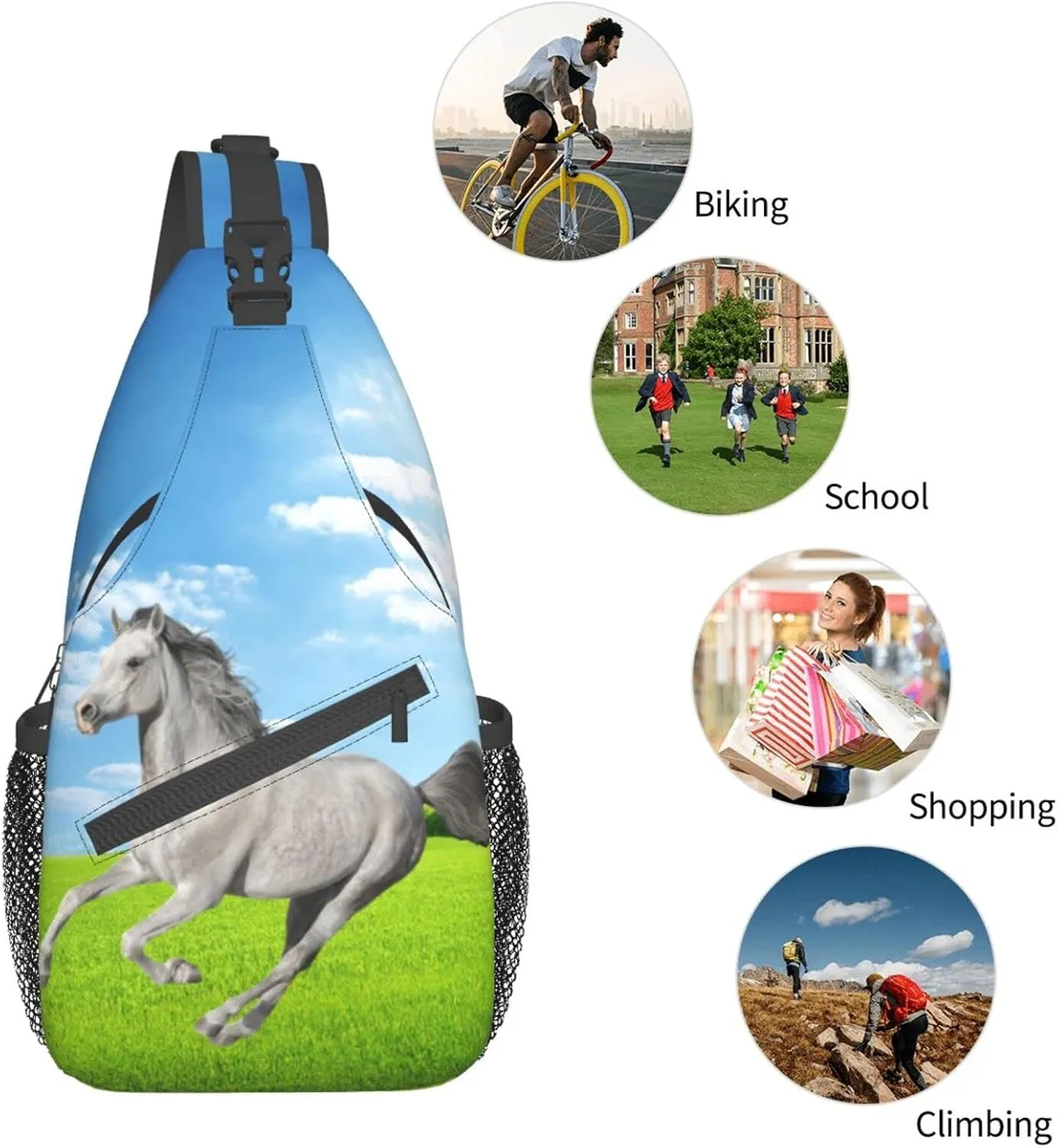 Fashion Horse Sling Bag Multipurpose Crossbody Backpack Adjustable Travel Hiking Casual Daypack For Men Women