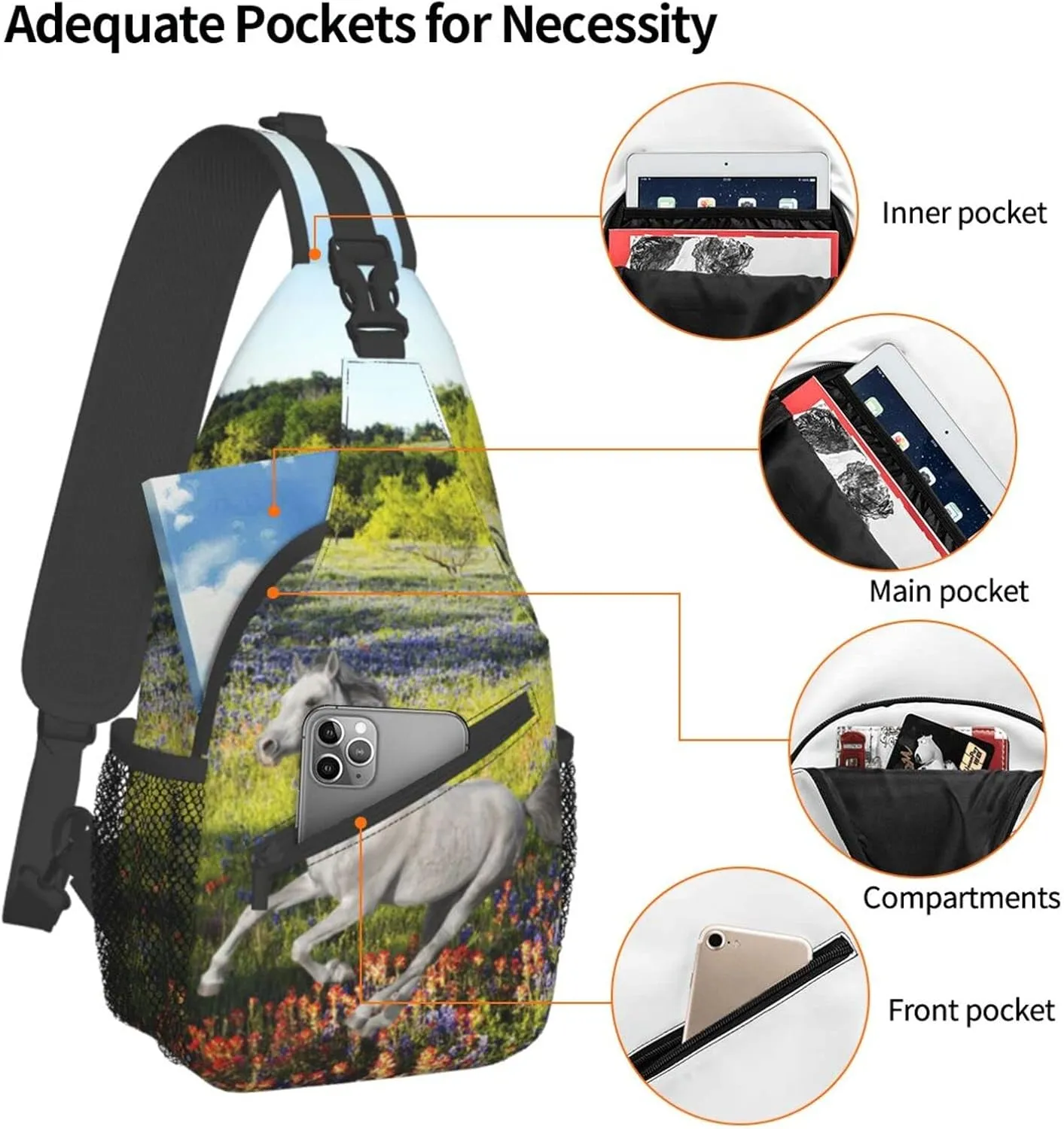 Fashion Horse Sling Bag Multipurpose Crossbody Backpack Adjustable Travel Hiking Casual Daypack For Men Women