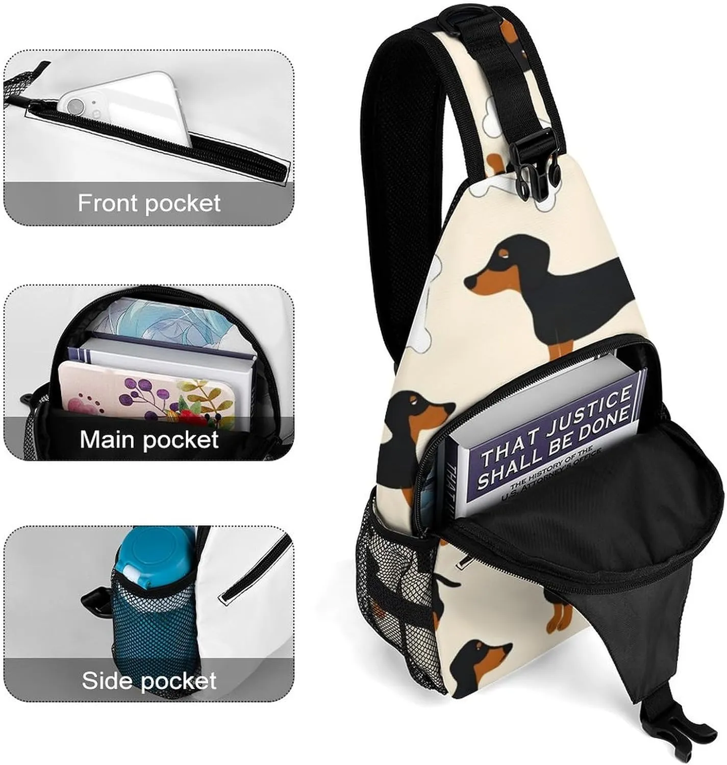 Fashion Wiener Dog Doxie Dachshund Weiner Dog Pet Dogs Adjustable Chest Bag, Durable Large Capacity with Pockets and Buckles Sling Bag Shoulder Bags Crossbody Backpack for Women Men
