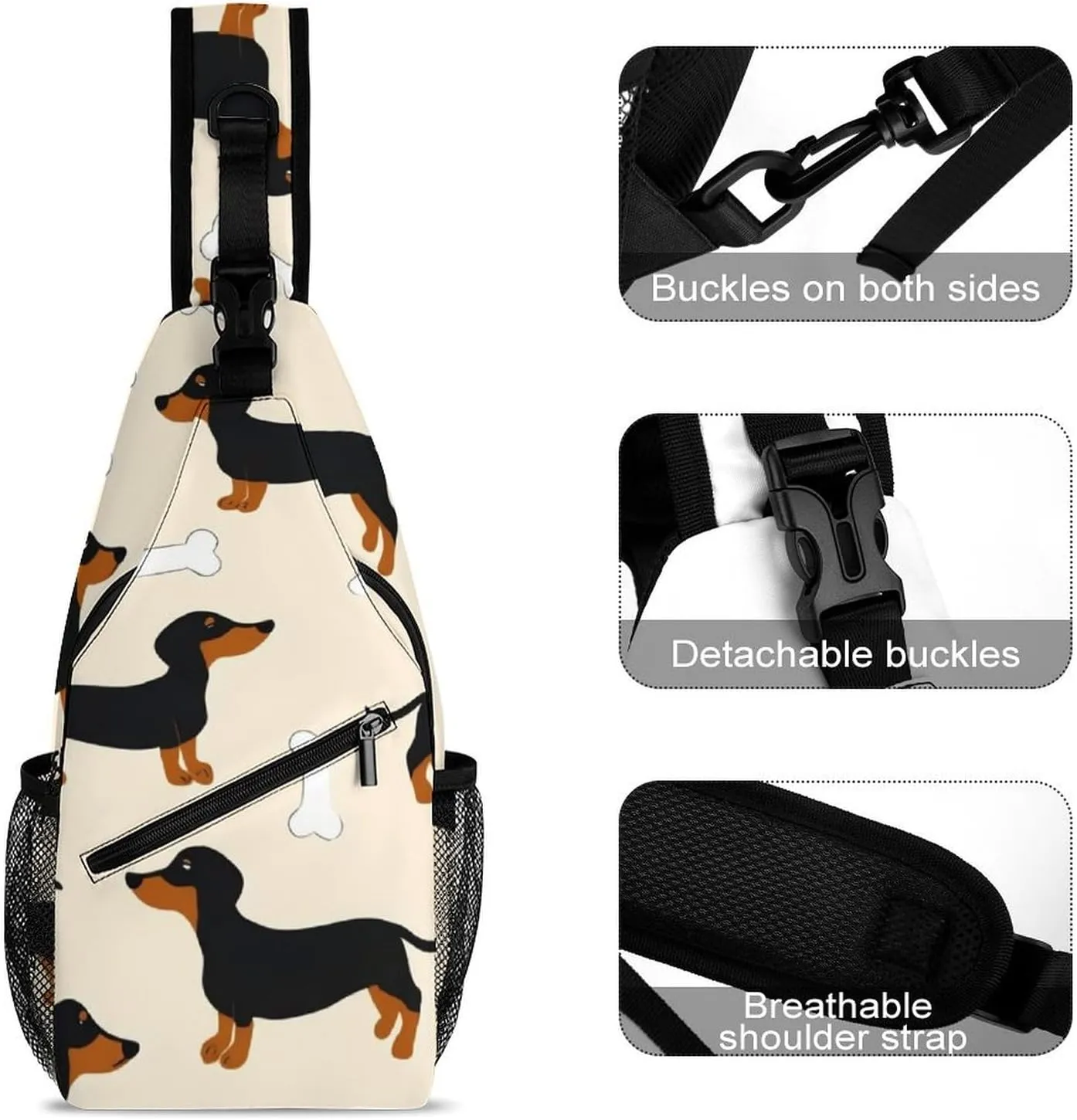 Fashion Wiener Dog Doxie Dachshund Weiner Dog Pet Dogs Adjustable Chest Bag, Durable Large Capacity with Pockets and Buckles Sling Bag Shoulder Bags Crossbody Backpack for Women Men