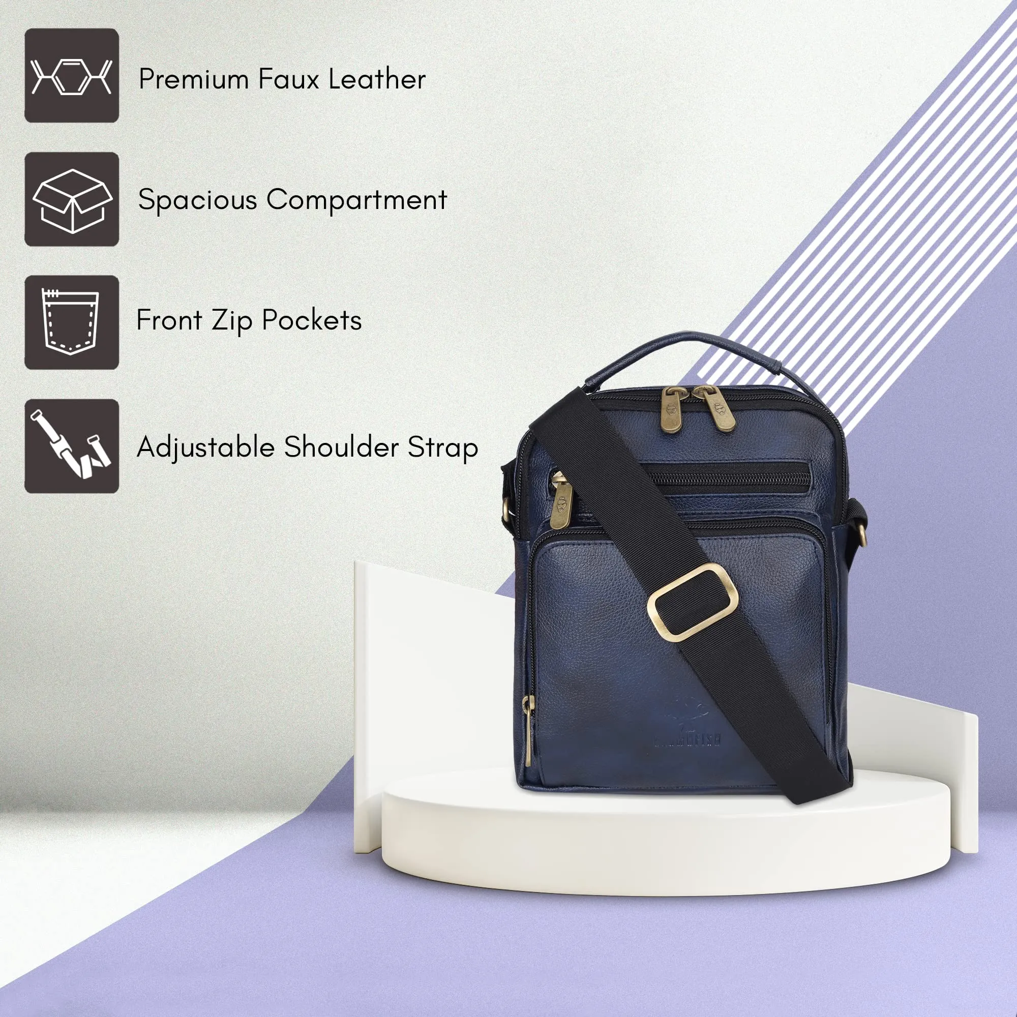 Faux Leather Messenger Bag - Adjustable Shoulder Strap | 2.6L | Blue