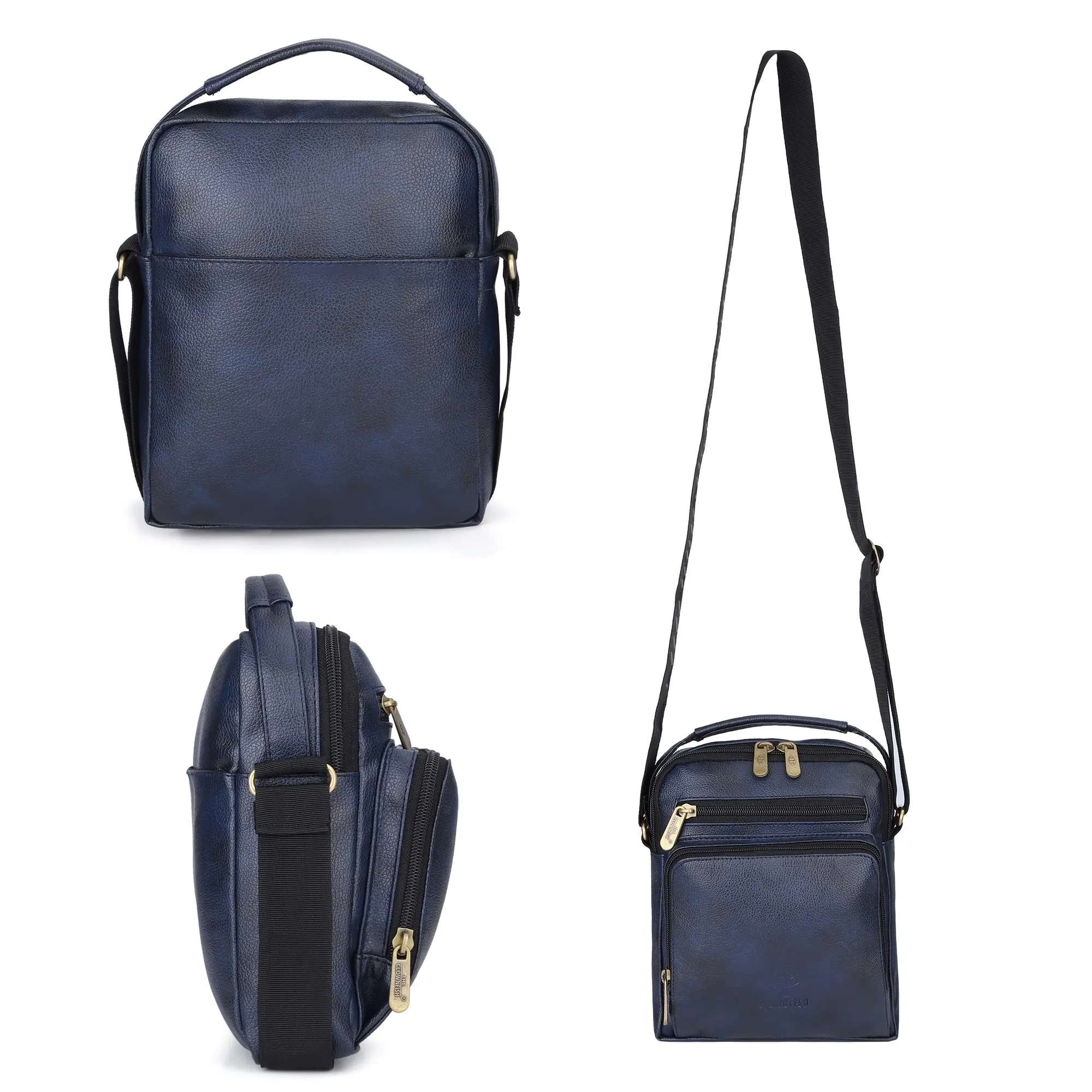 Faux Leather Messenger Bag - Adjustable Shoulder Strap | 2.6L | Blue