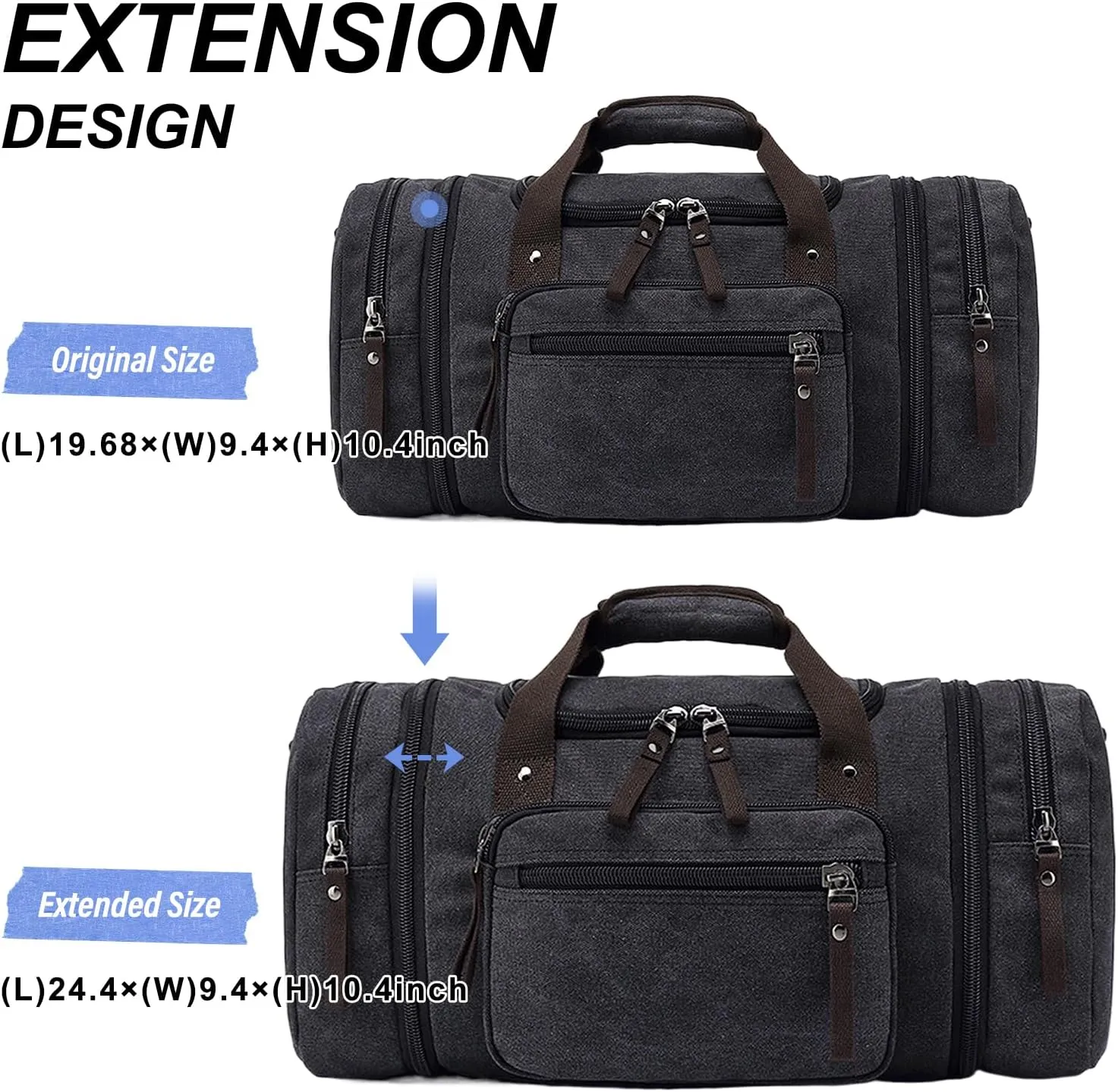 Felipe Varela Duffle Bag for Men, Canvas Expandable Duffel Bag for Travel, Mens Carry On Luggage Bags Traveling Weekender Gym Overnight Duffel Bags for Airplanes, Black