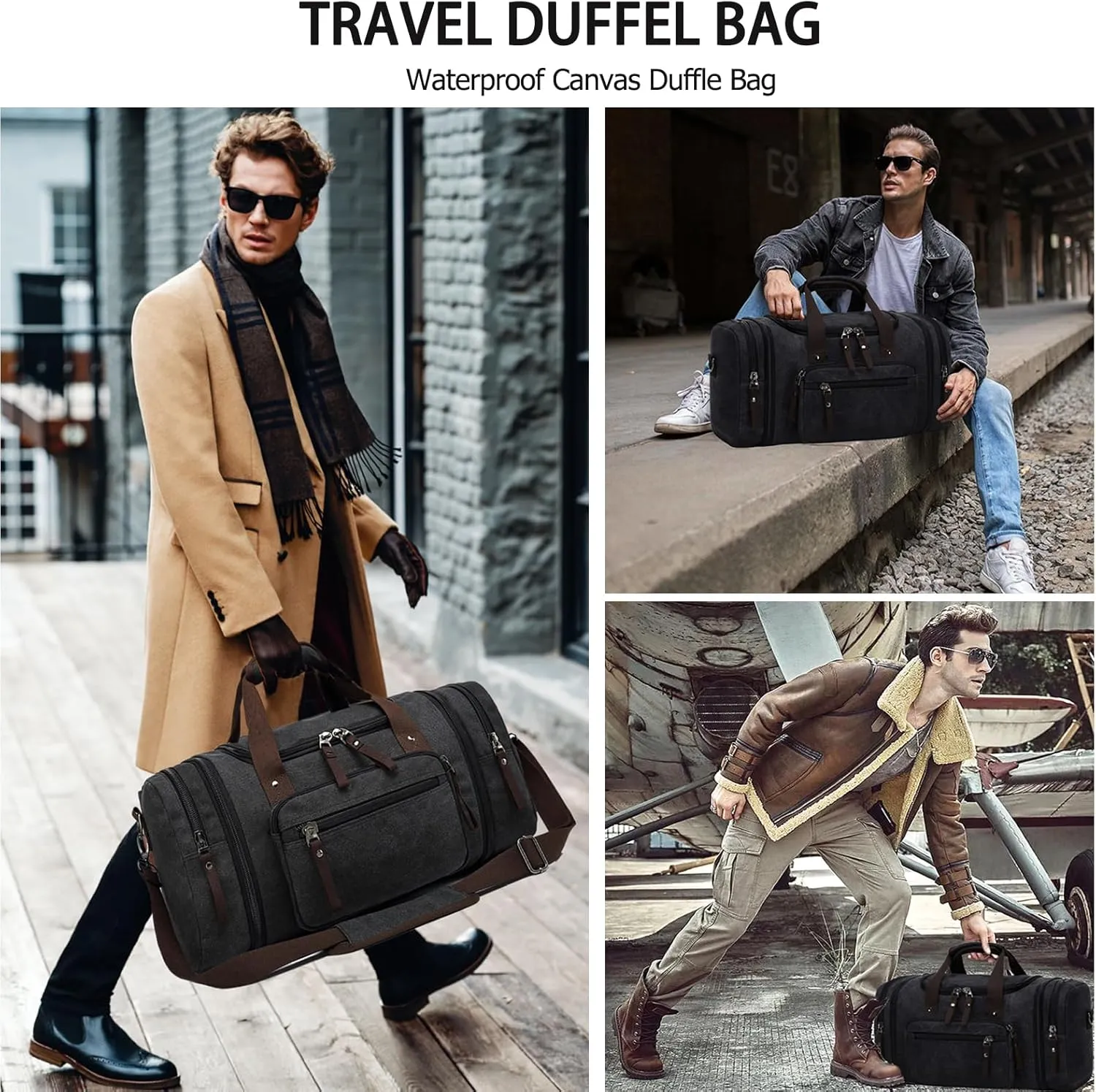 Felipe Varela Duffle Bag for Men, Canvas Expandable Duffel Bag for Travel, Mens Carry On Luggage Bags Traveling Weekender Gym Overnight Duffel Bags for Airplanes, Black