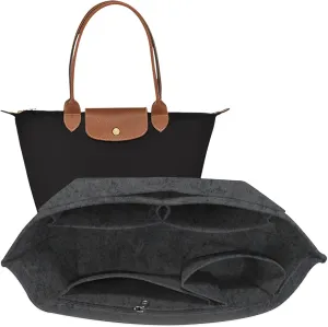 Felt Purse Organizer Insert for Longchamp Bag, Handbag Organizer Compatible with le pliage Shoulder Bag, Divider Pocket and Zipper Inner (Beige, Large)