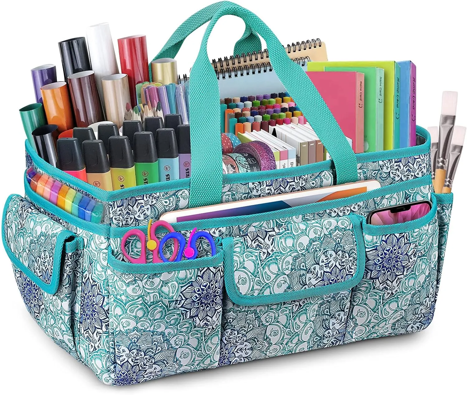 FINPAC Large Craft Storage Tote Bag with Multiple Pockets, Scrapbooking Carrying Case Storage Caddy with Handle for Sewing, Art, Desktop, Baby Care Supplies (Emerald Illusions)