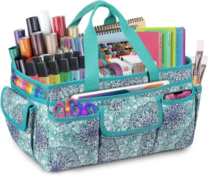 FINPAC Large Craft Storage Tote Bag with Multiple Pockets, Scrapbooking Carrying Case Storage Caddy with Handle for Sewing, Art, Desktop, Baby Care Supplies (Emerald Illusions)