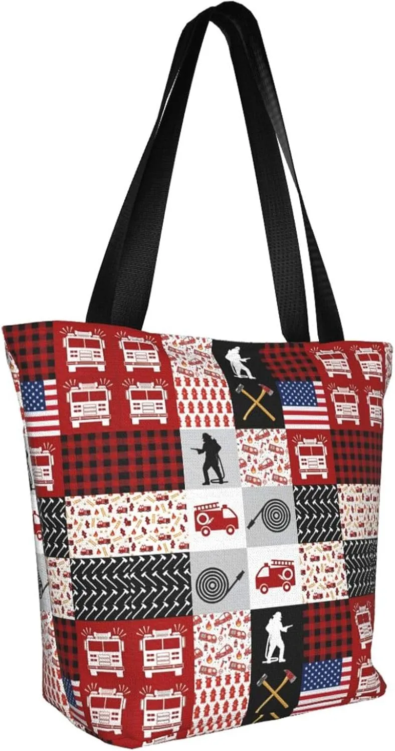 Firefighters Firemen Badges Fire Trucks Flames Women's Tote Bag Lightweight Shopping Handbag Travel Shoulder Bag