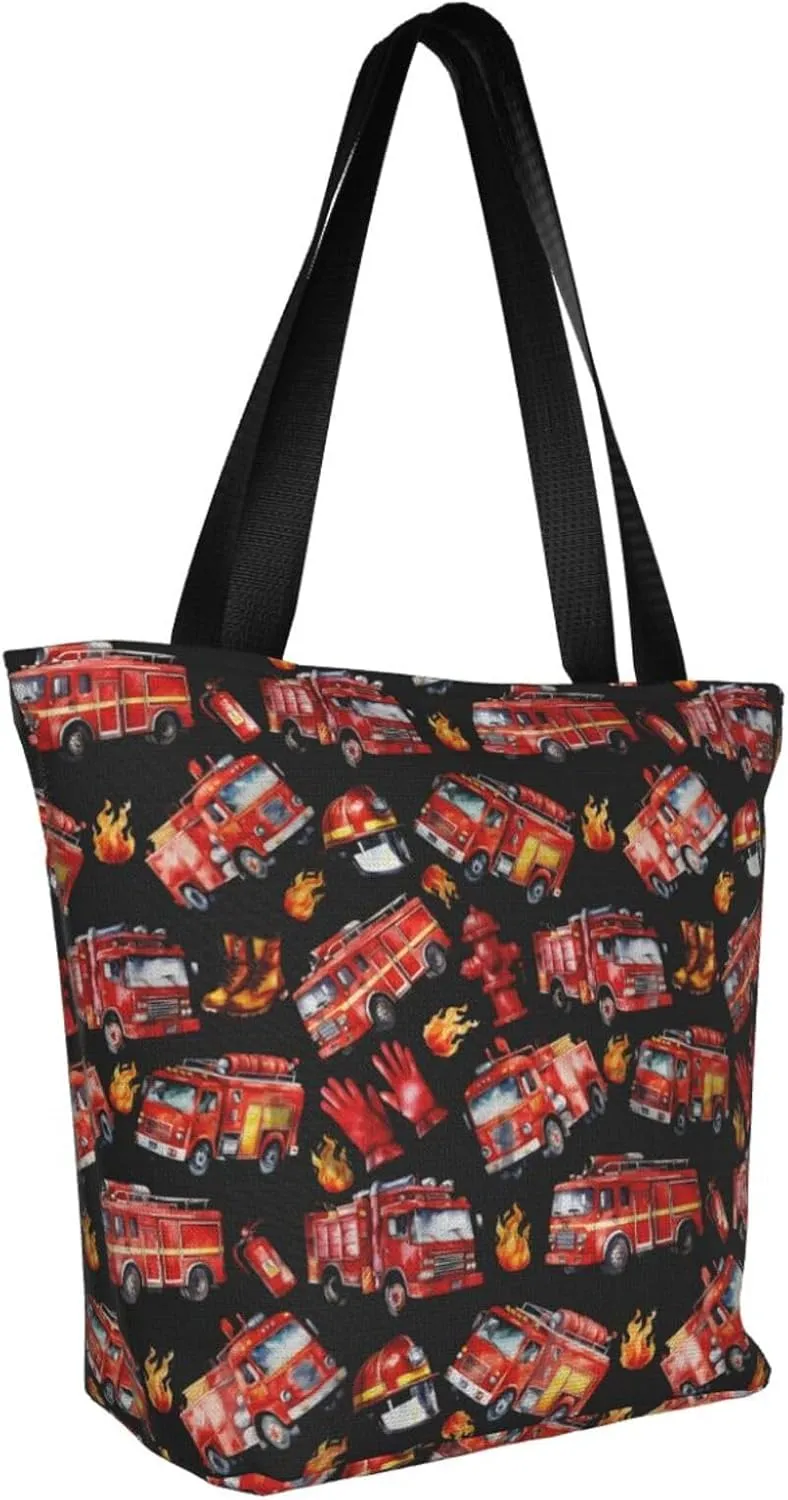 Firefighters Firemen Badges Fire Trucks Flames Women's Tote Bag Lightweight Shopping Handbag Travel Shoulder Bag