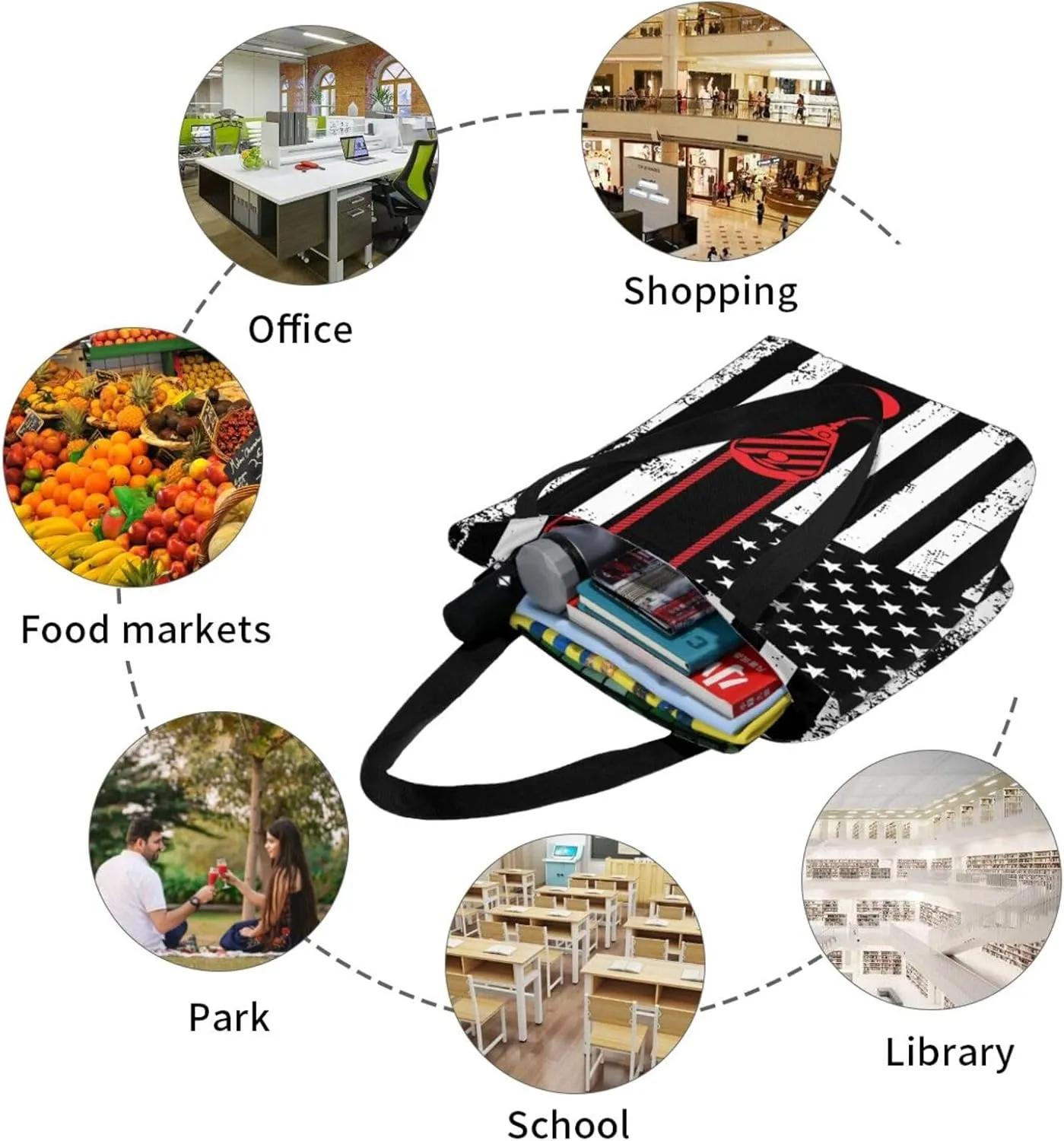 Firefighters Firemen Badges Fire Trucks Flames Women's Tote Bag Lightweight Shopping Handbag Travel Shoulder Bag