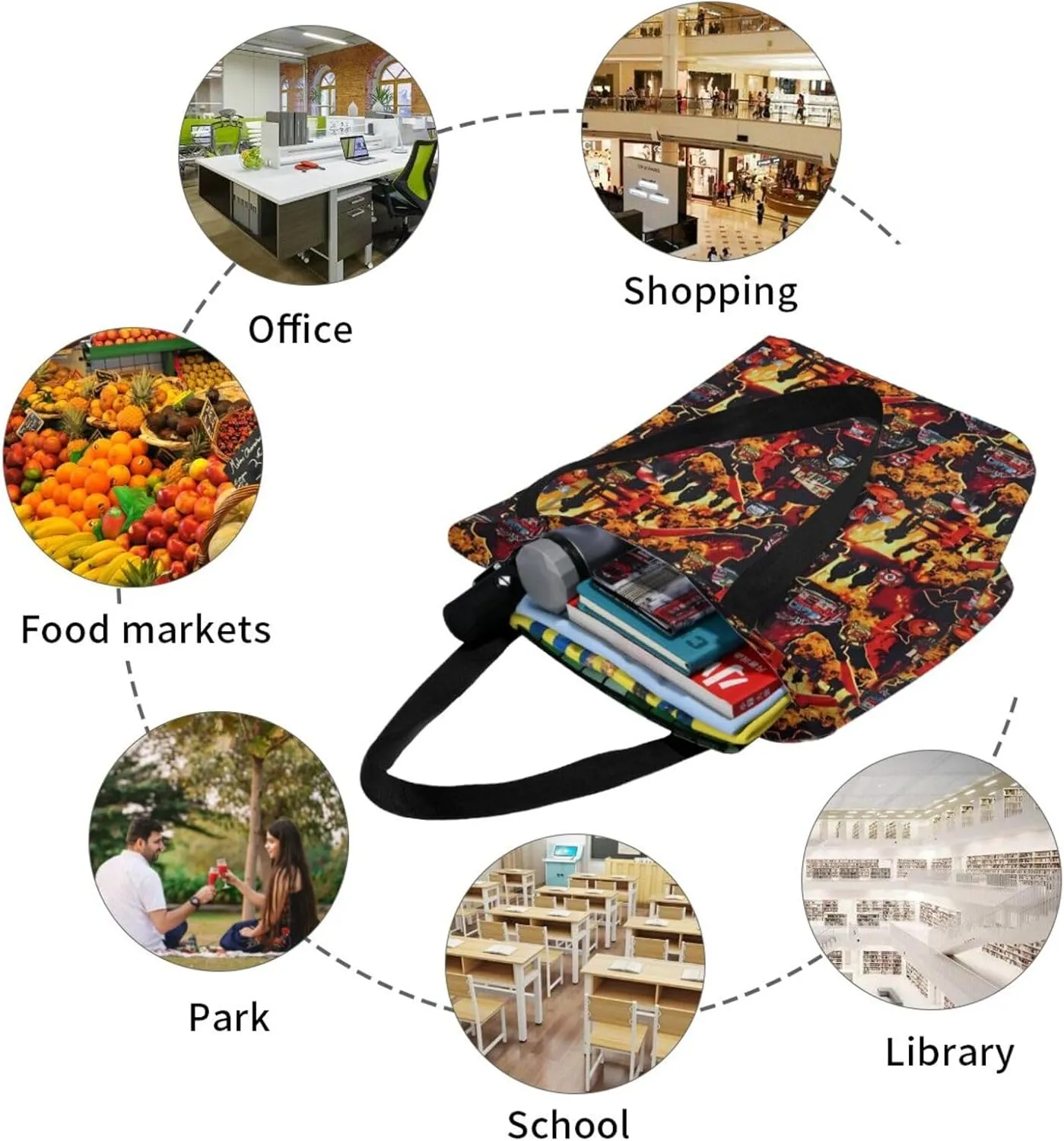 Firefighters Firemen Badges Fire Trucks Flames Women's Tote Bag Lightweight Shopping Handbag Travel Shoulder Bag