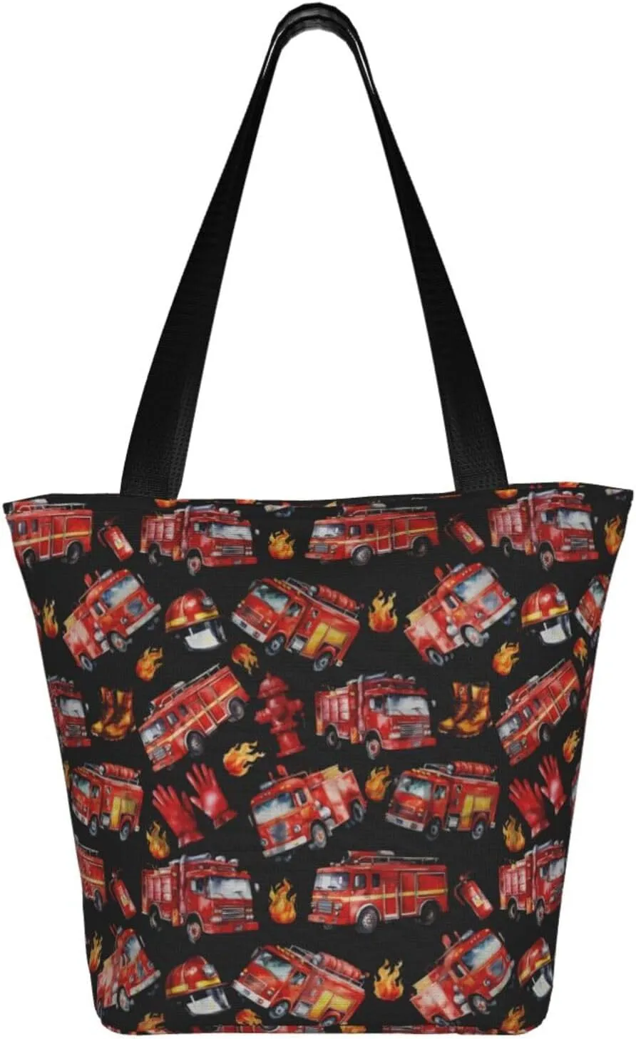 Firefighters Firemen Badges Fire Trucks Flames Women's Tote Bag Lightweight Shopping Handbag Travel Shoulder Bag