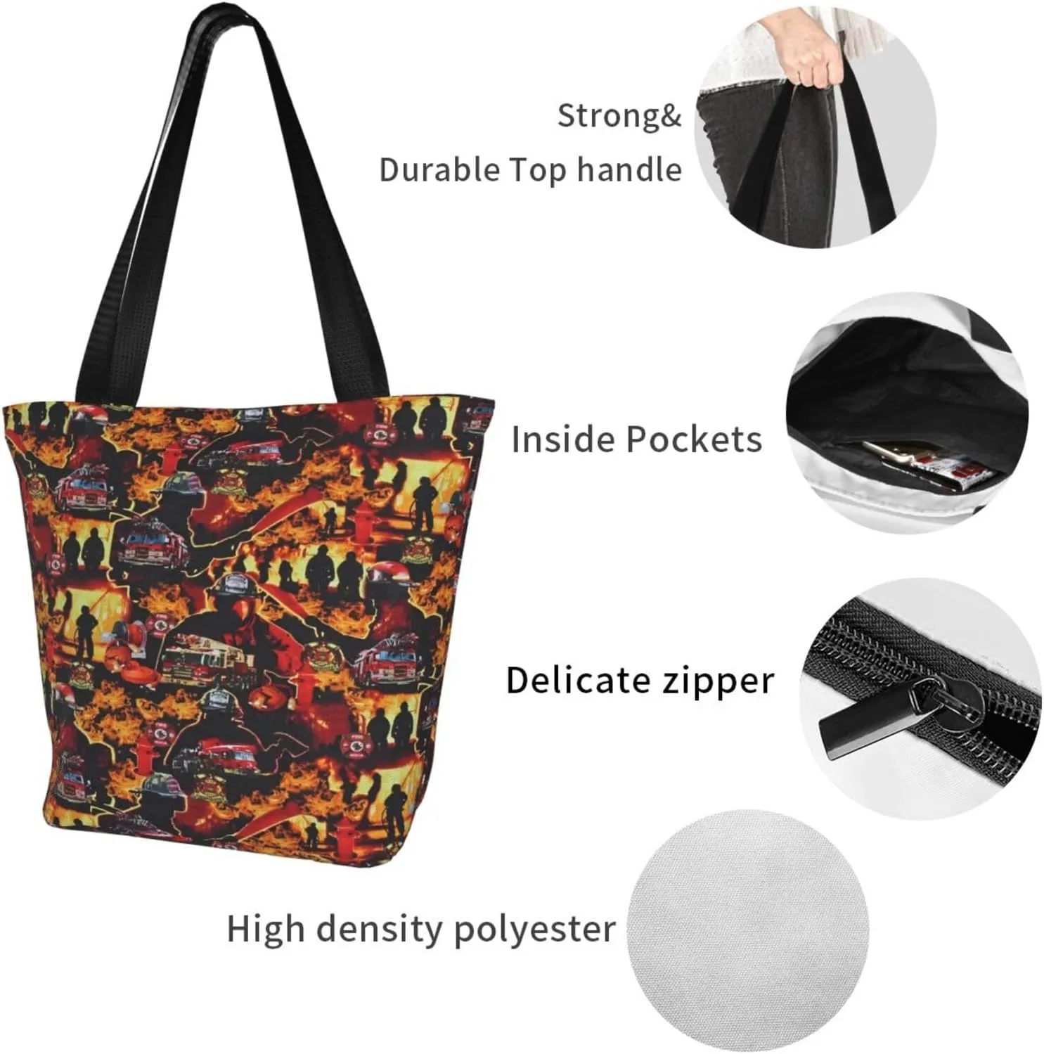 Firefighters Firemen Badges Fire Trucks Flames Women's Tote Bag Lightweight Shopping Handbag Travel Shoulder Bag