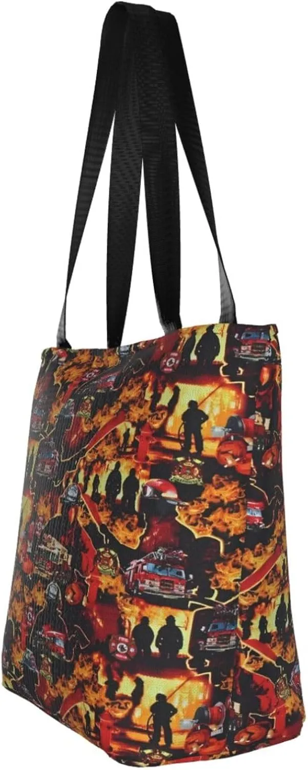 Firefighters Firemen Badges Fire Trucks Flames Women's Tote Bag Lightweight Shopping Handbag Travel Shoulder Bag