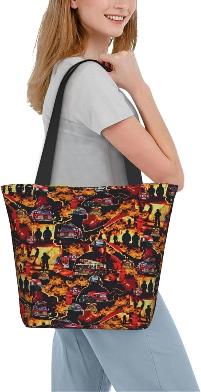 Firefighters Firemen Badges Fire Trucks Flames Women's Tote Bag Lightweight Shopping Handbag Travel Shoulder Bag