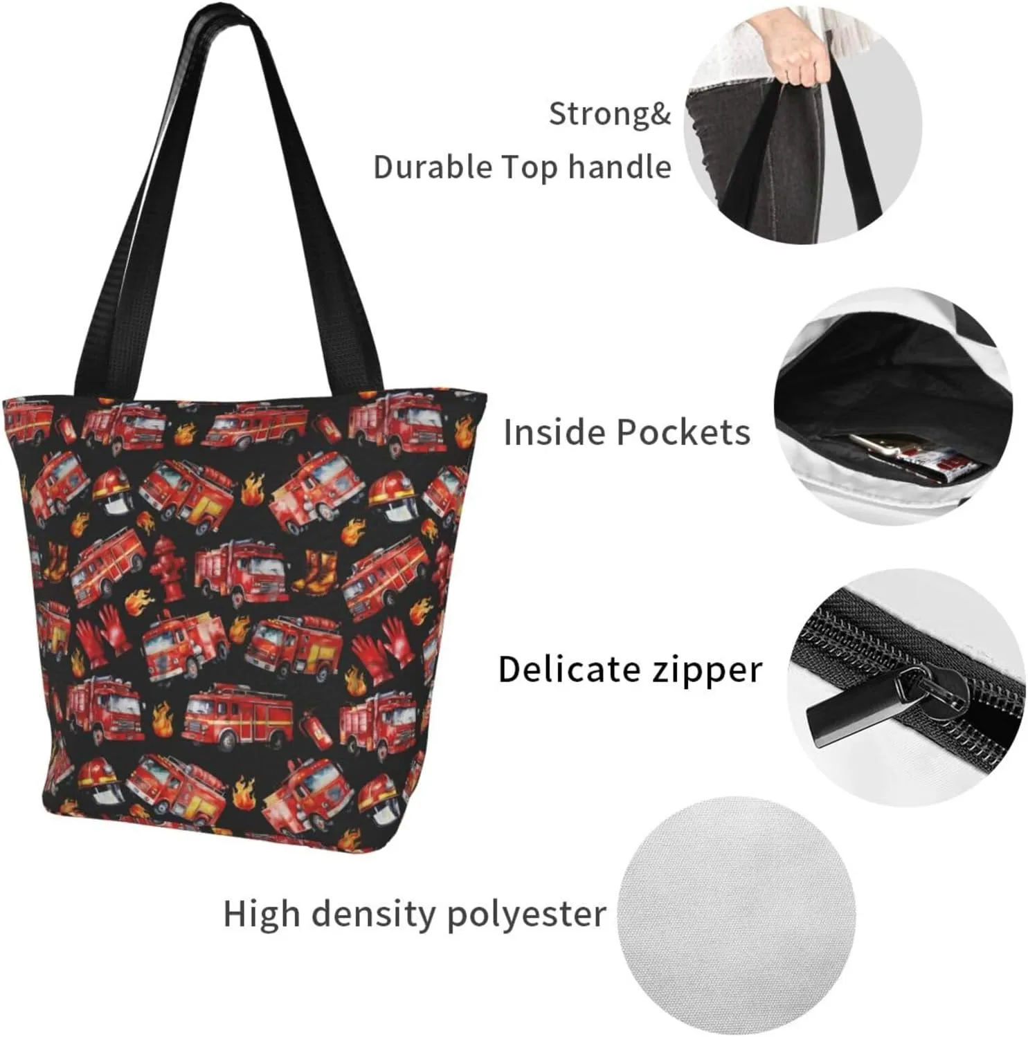 Firefighters Firemen Badges Fire Trucks Flames Women's Tote Bag Lightweight Shopping Handbag Travel Shoulder Bag