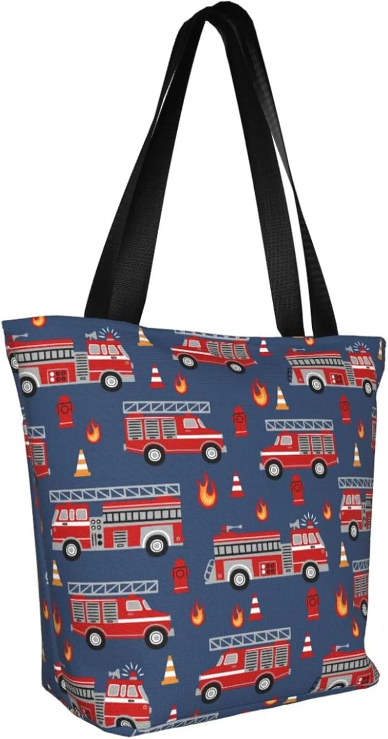 Firefighters Firemen Badges Fire Trucks Flames Women's Tote Bag Lightweight Shopping Handbag Travel Shoulder Bag