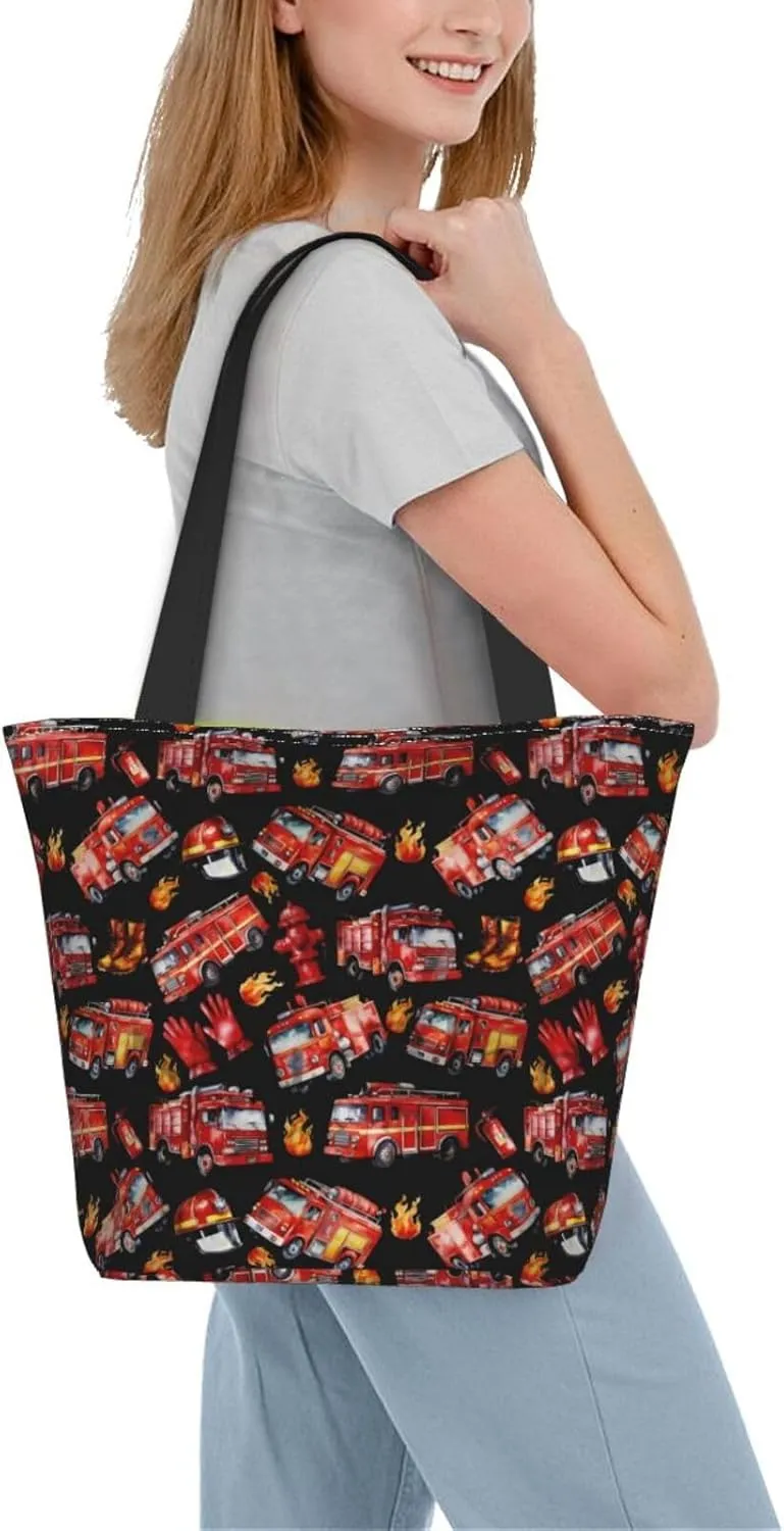 Firefighters Firemen Badges Fire Trucks Flames Women's Tote Bag Lightweight Shopping Handbag Travel Shoulder Bag