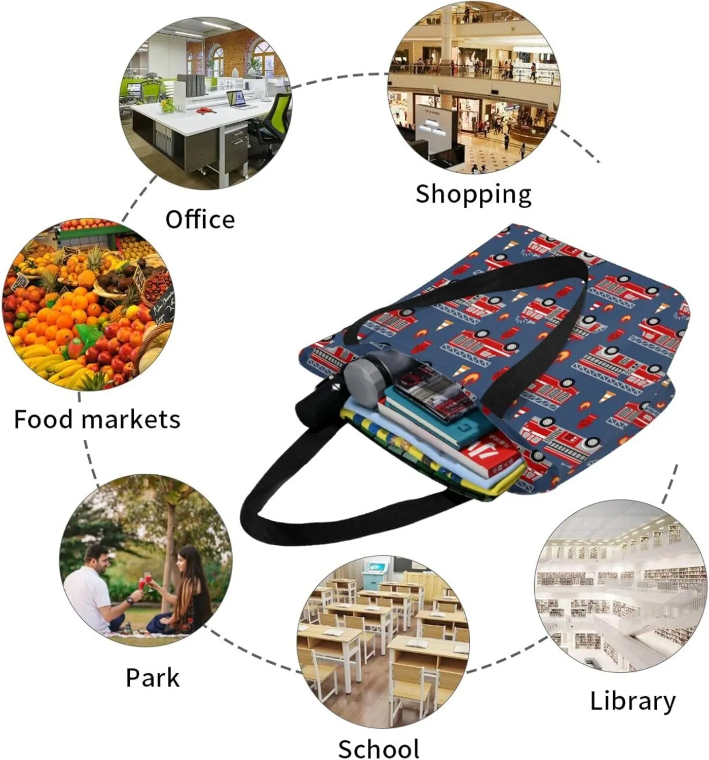 Firefighters Firemen Badges Fire Trucks Flames Women's Tote Bag Lightweight Shopping Handbag Travel Shoulder Bag